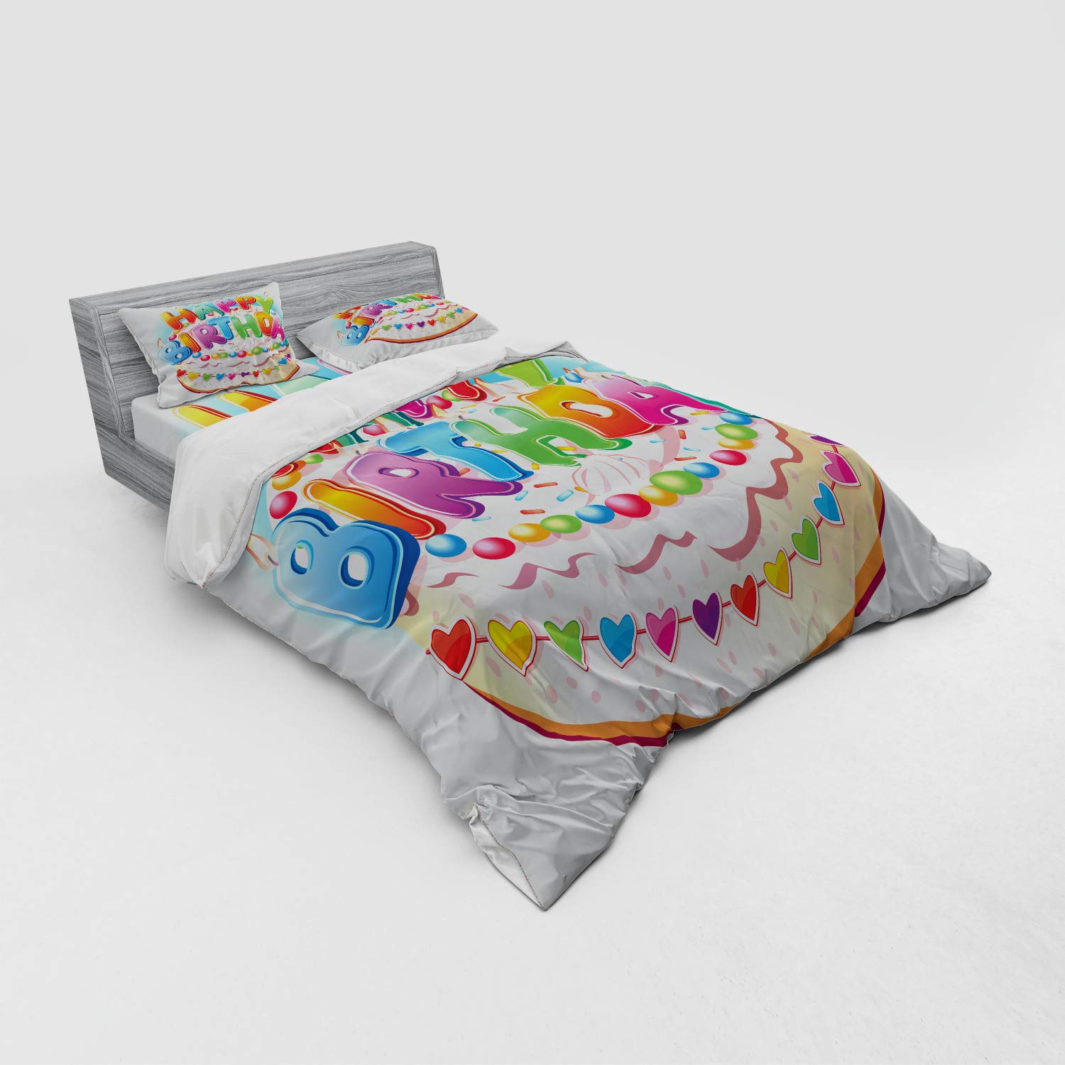 Ambesonne Birthday Party Duvet Cover Set - Cartoon Style Happy Birthday Design with Cake, Candles & Hearts - 4 Piece Queen Size Bedding Set with Shams & Fitted Sheet - Perfect for Birthday Celebrations, Kids Room Decor & Themed Bedroom Makeovers