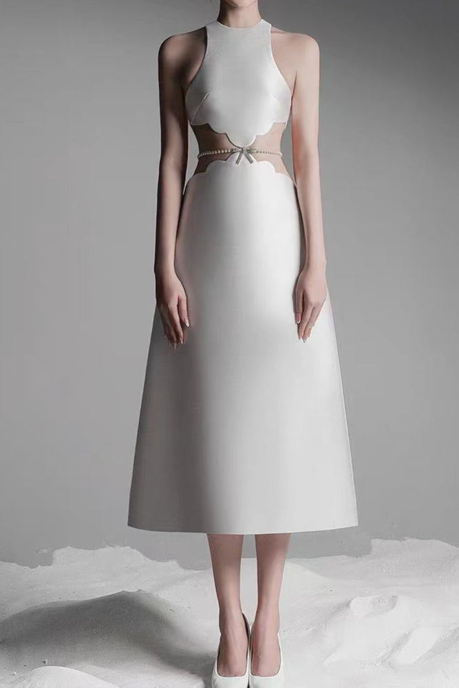 Elegant Anila Pearl Chain Embellished Midi Dress in Apricot - Perfect for Weddings, Parties & Special Occasions