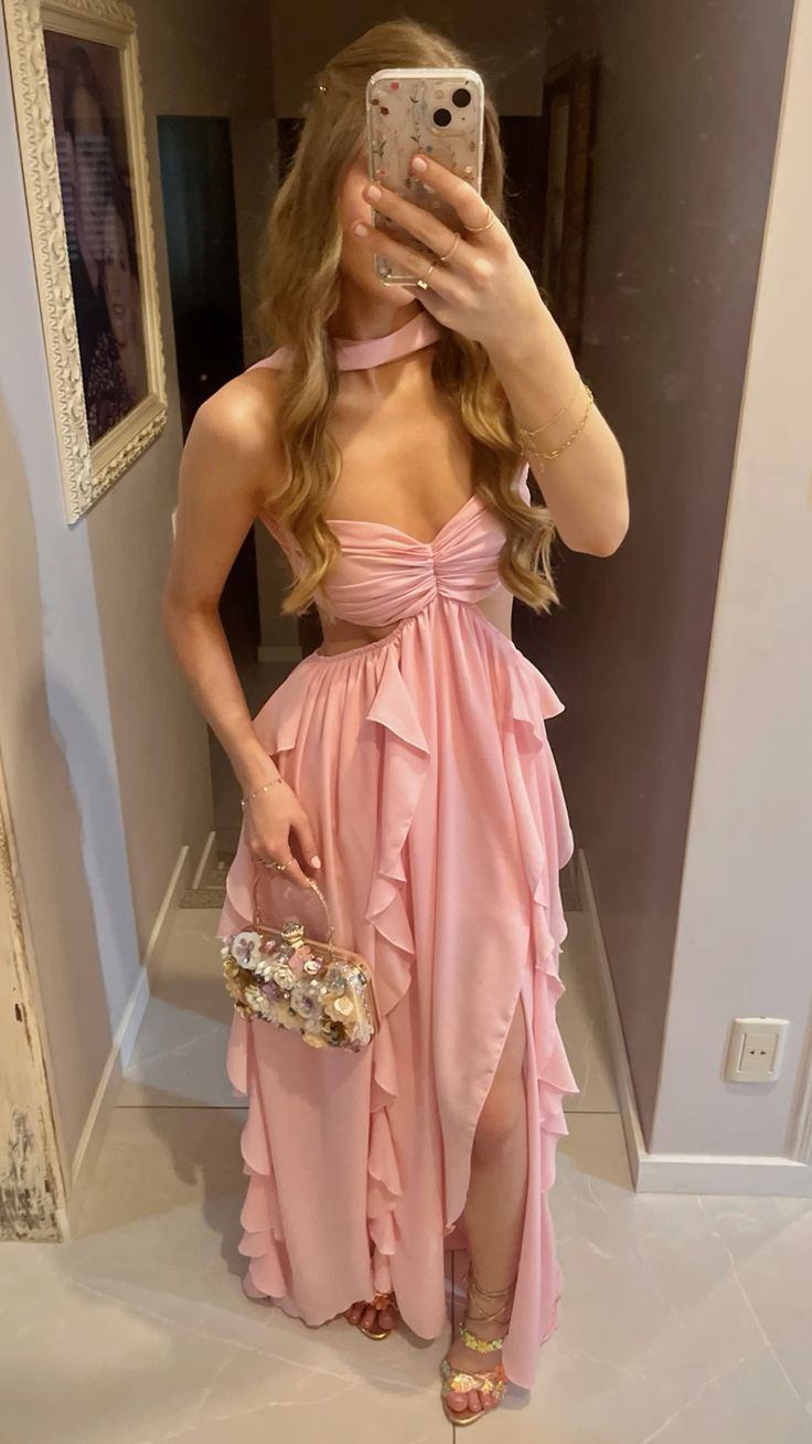 Elegant A-Line Chiffon Ruffle Pink Prom Dress for Summer Weddings & Formal Events - J6600 | Perfect for Wedding Guests, Prom Night & Special Occasions
