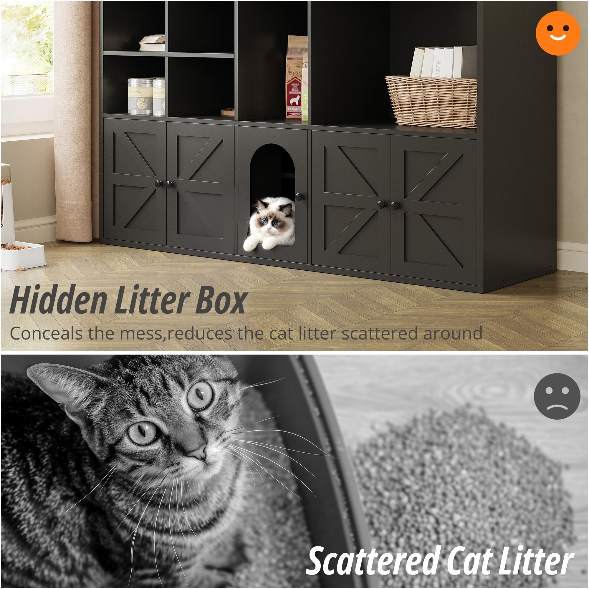 IRONCK Wooden Cat Litter Box Enclosure Furniture for 2 Cats - Double Room Hidden Litter Box with Large Storage Space, Cat Washroom House (Black) - Perfect for Home, Apartment & Multi-Cat Households