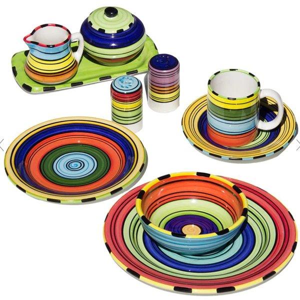 Colorful Puebla Stripe Rimmed Soup Bowls - Handcrafted Ceramic Bowls for Soups, Salads & Desserts - Perfect for Home Dining & Entertaining