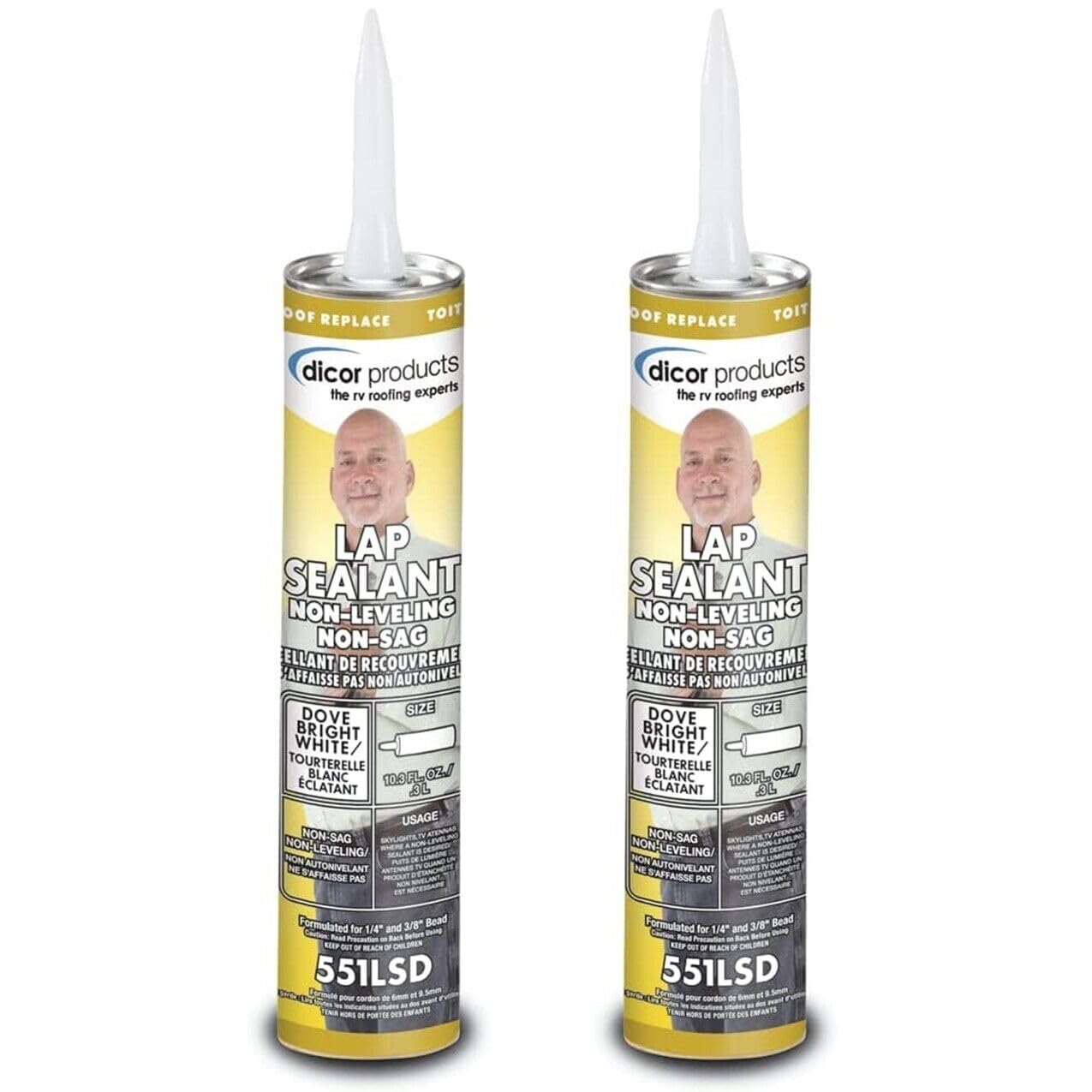 DICOR 551LSD-1 Non-Leveling Non-Sag Lap Sealant - Dove Bright White RV Roof Sealant (10.3 Oz Tube, Pack of 2) - Waterproof Protection for RV, Camper & Travel Trailer Roof Repairs