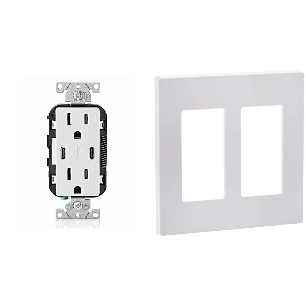 Leviton T5635-W USB Dual Type-C with Power Delivery (PD) In-Wall Charger - 15A/125V Tamper-Resistant Outlet & 80309-SW 2-Gang Screwless Wall Plate - White - Perfect for Home, Office & Hotel Charging Stations