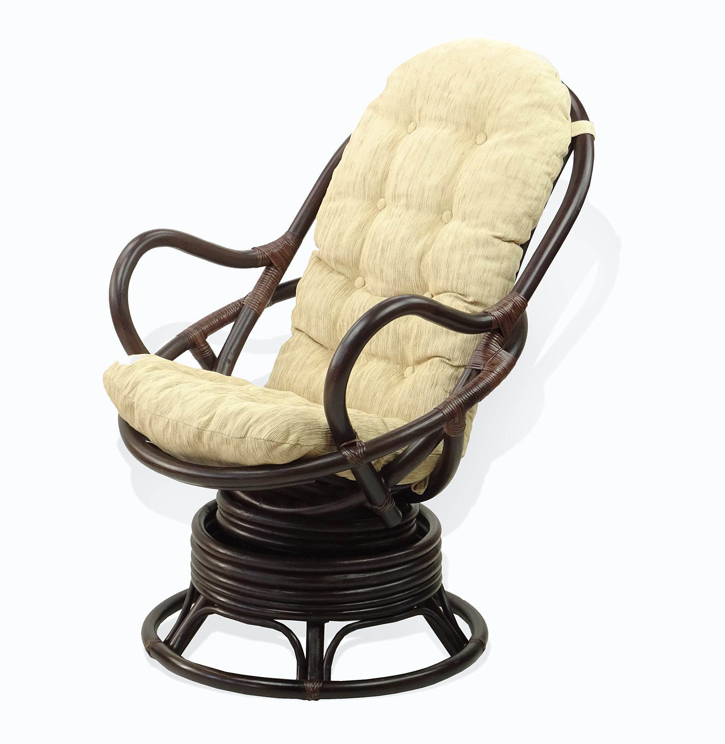 Natural Rattan Wicker Swivel Rocking Chair with Cream Cushion - Dark Brown Lounge Java Chair for Living Room, Patio, or Sunroom Relaxation