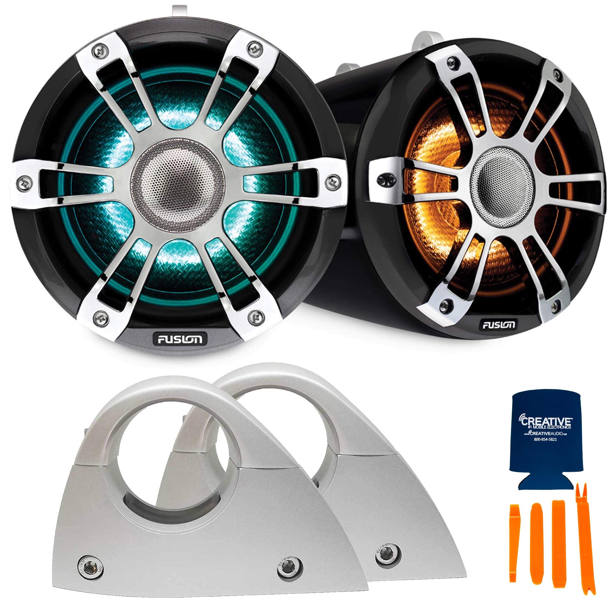 CreativeAudio Fusion SG-FLT772SPC 7.7'' Sports Grey Chrome Tower Speakers with RGBW LED & SG-FTMNTSR Speaker Clamp - 2NPS/60.33/2.37