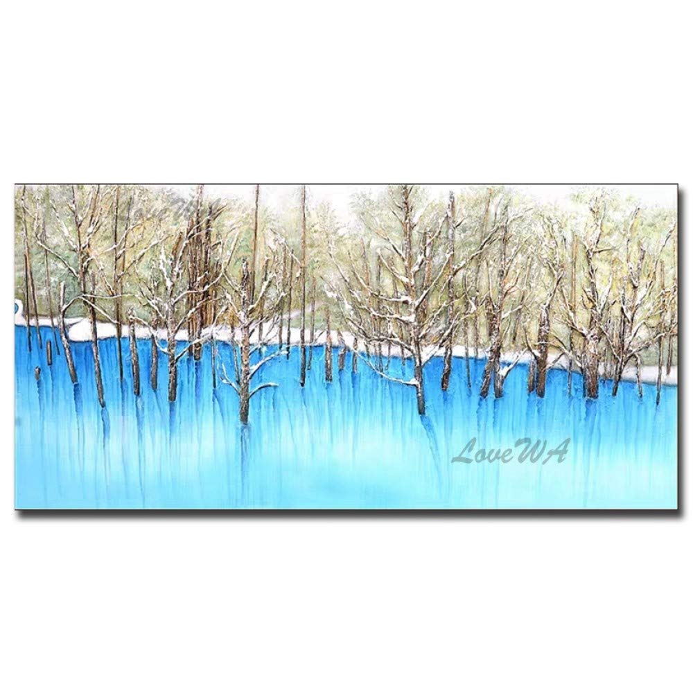 Hand Painted Oil Painting on Canvas - Snow White Birch Forest & Blue Lake Landscape Artwork (60x80cm) | Modern Wall Decor for Living Room, Bedroom & Kitchen | Nature Inspired Home Decor & Office Art