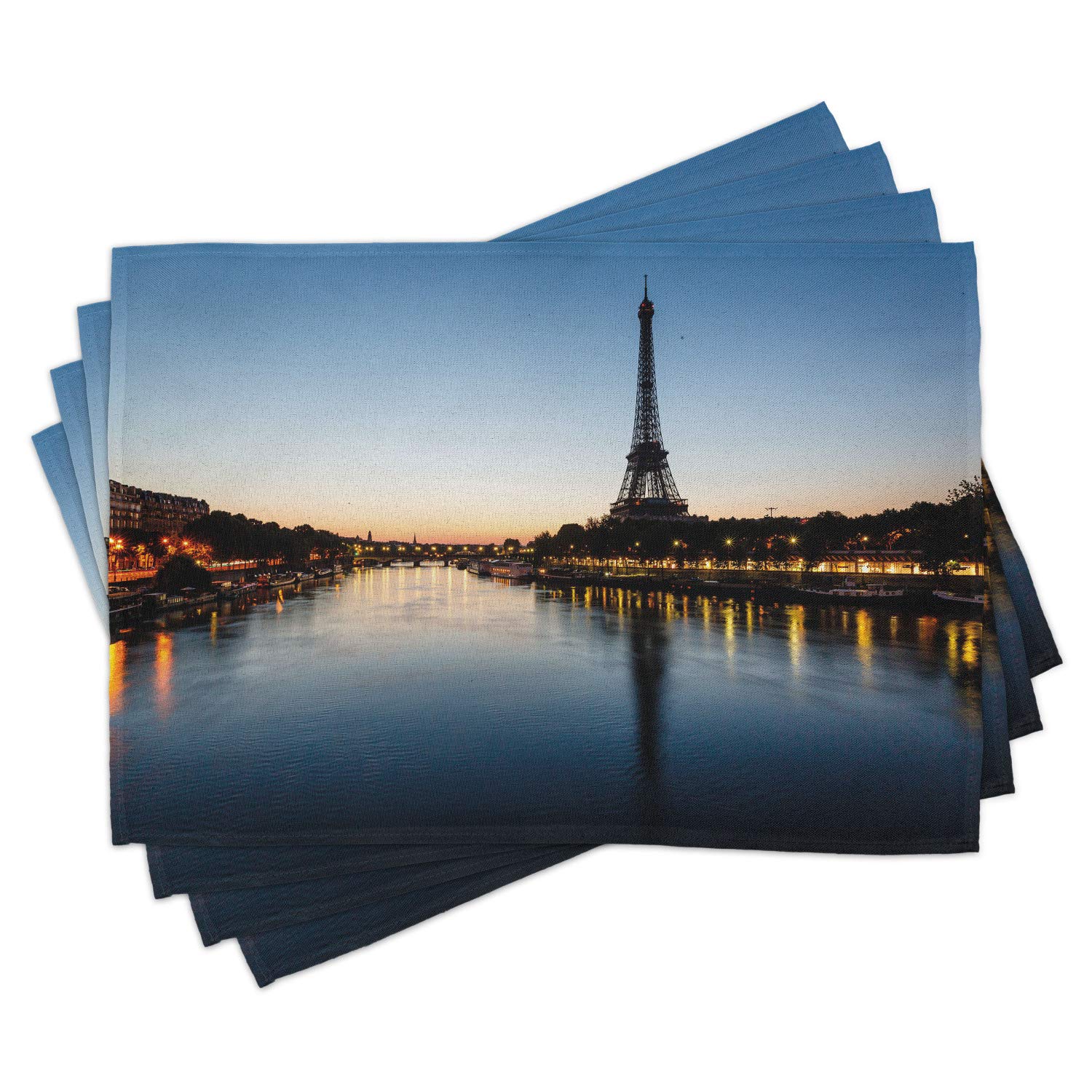 Ambesonne 4-Pack Night Place Mats - Eiffel Tower at Twilight Travel Theme, Washable Fabric Dining Table Decor for Kitchen & Dining Room | Perfect for Dinner Parties, Holiday Gatherings & French-Themed Events (Pale Blue & Yellow)