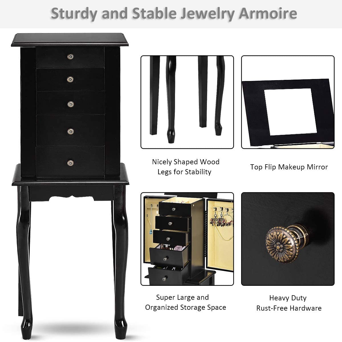 **LUARANE Jewelry Cabinet Armoire - 4 Drawers, 8 Necklace Hooks & Flip Top Mirror - Free Standing Jewelry Storage Organizer with 2 Side Swing Doors - Black - Perfect for Bedroom, Closet, or Dressing Room Organization**