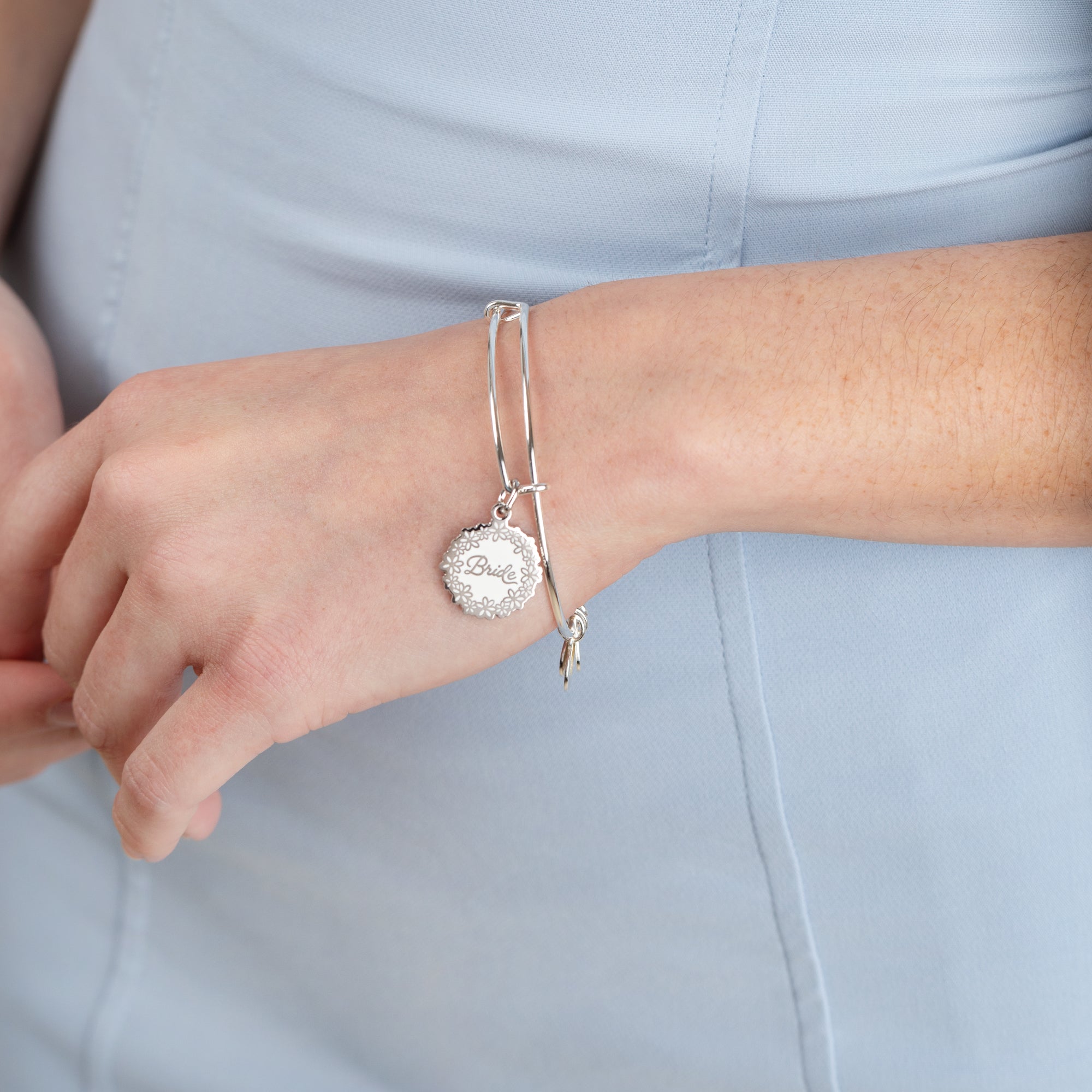Elegant Bride Charm Bangle - Sterling Silver Wedding Bracelet for Brides, Bridesmaids & Engagement - Perfect for Wedding, Anniversary & Special Occasions
