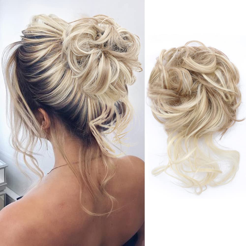KETHBE Messy Bun Hair Piece - Tousled Updo Hair Extension with Elastic Band, Curly Hair Bun Scrunchie for Women (Highlights Blonde) - Perfect for Work, Parties & Everyday Styling