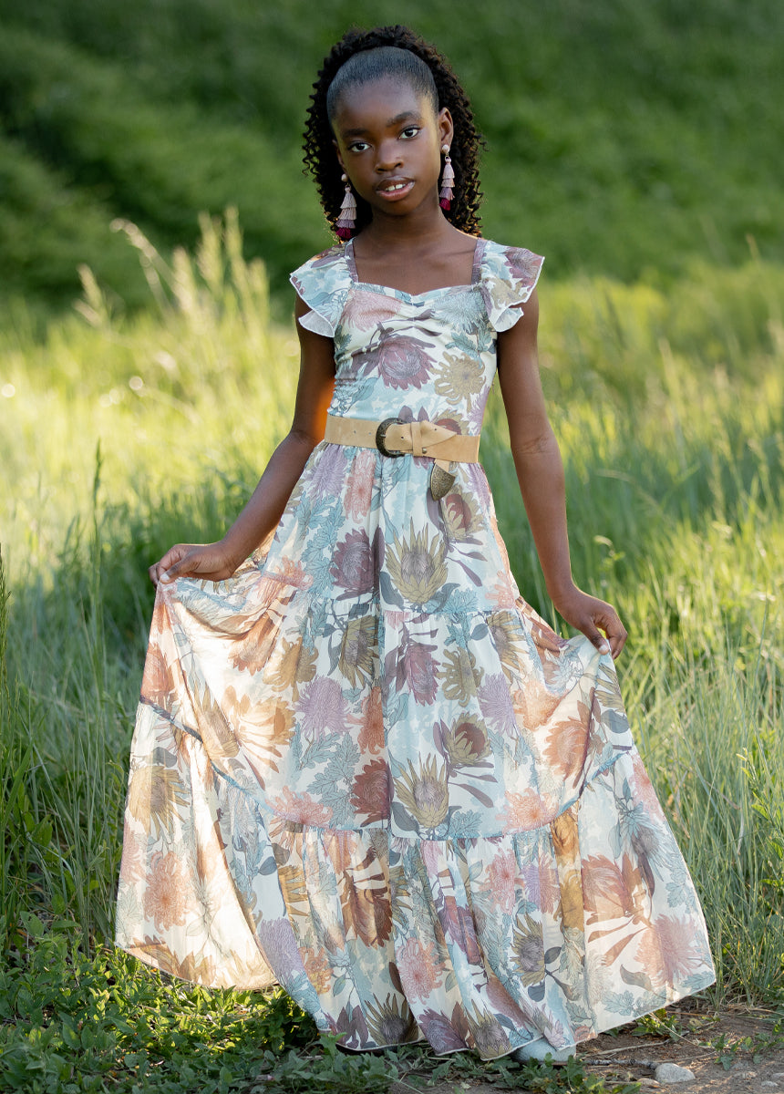 Varvara Floral Print Dress in Ecru - Elegant Summer Maxi Dress for Women, Perfect for Beach Vacations, Garden Parties & Date Nights