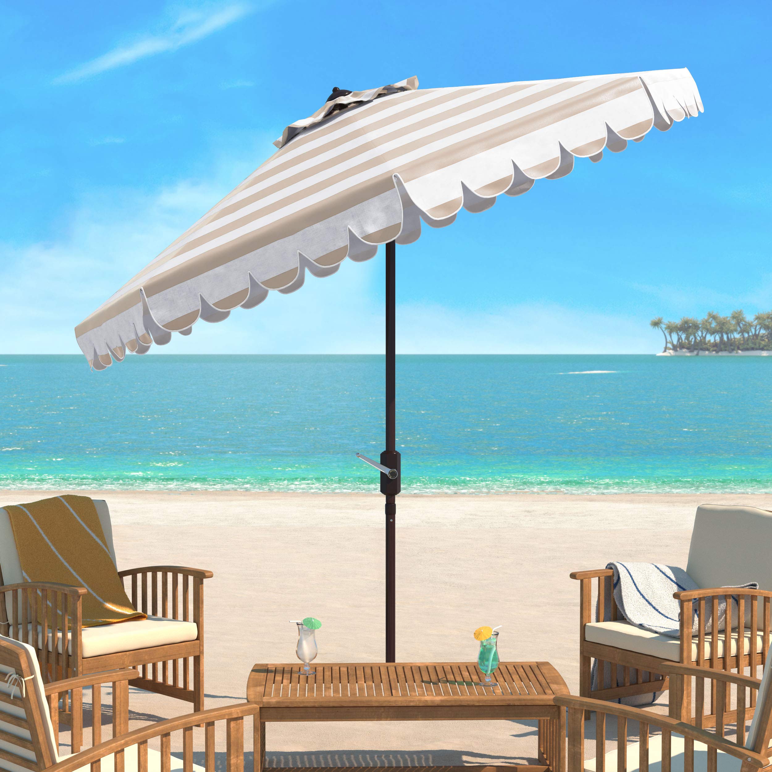 SAFAVIEH PAT8011A Maui Beige & White Striped 9FT Outdoor Patio Umbrella with Crank & Tilt - Perfect for Poolside, Backyard, Deck, and Garden Relaxation