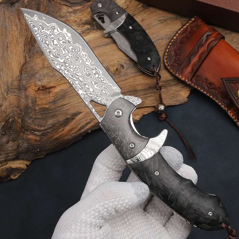 Premium Hermes Damascus Steel Folding Pocket Knife with Carbon Fiber Handle - EDC, Outdoor, Camping & Survival Tool