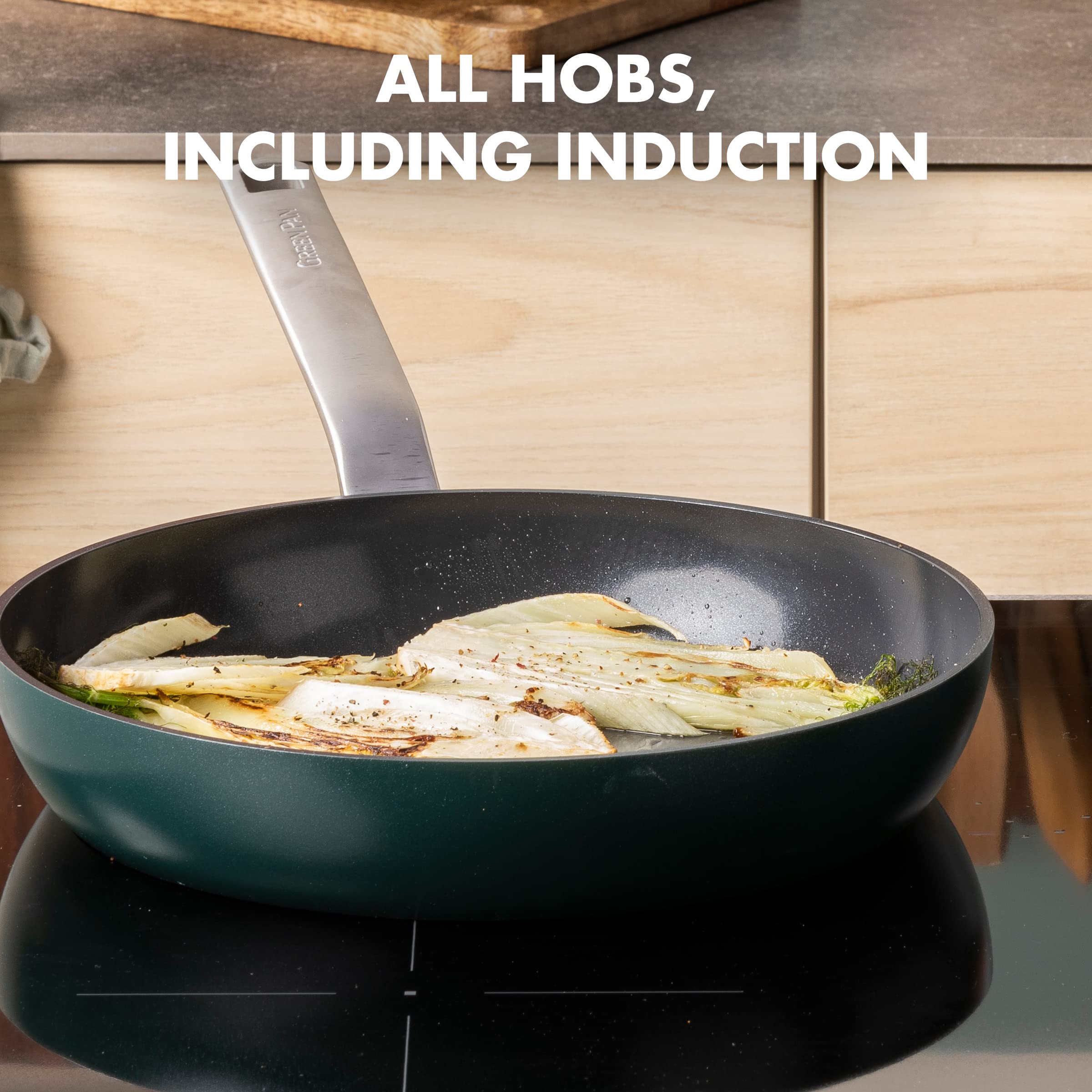 **GreenPan Evolution 3-Piece Nonstick Ceramic Cookware Set - Hard Anodized, PFAS-Free, Induction Compatible, Dishwasher & Oven Safe, Pine Green - Perfect for Frying, Sautéing & Stir-Frying**