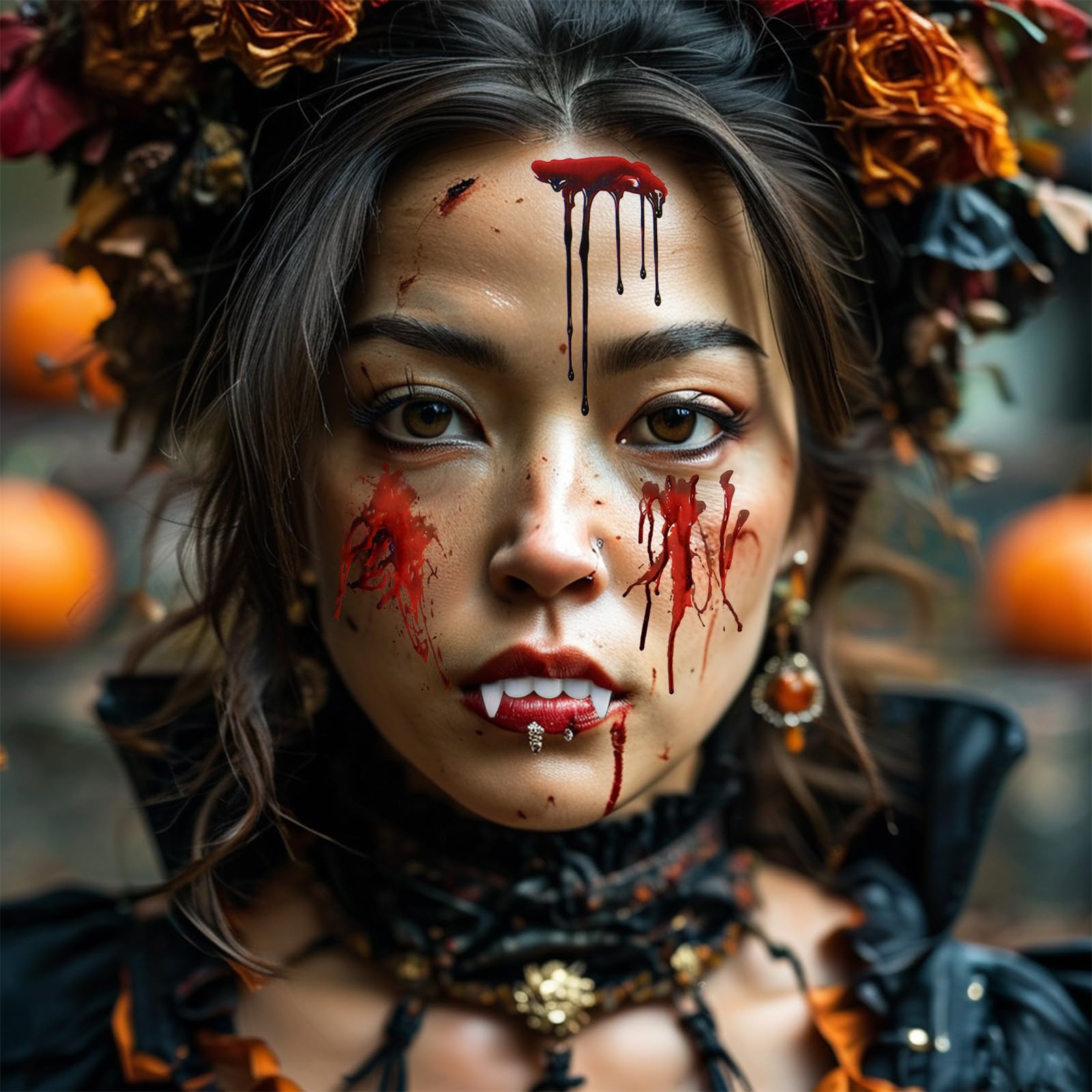 Halloween Temporary Tattoos & Vampire Teeth Fangs Set - Realistic Fake Blood Face Tattoos for Adults & Kids, Waterproof Costume Accessories for Halloween Parties, Cosplay & Trick or Treat