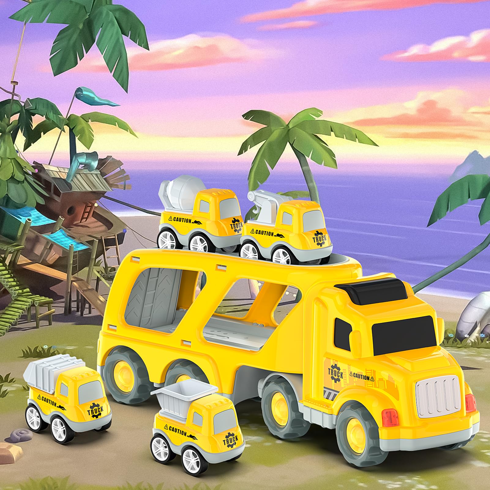 Best Pull Back Construction Vehicles for Toddlers - 4 Pack Friction Powered Toy Trucks for Kids Ages 3-5 | Fun Educational Gift for Boys & Girls | Perfect for Birthday, Christmas & Pretend Play Scenes