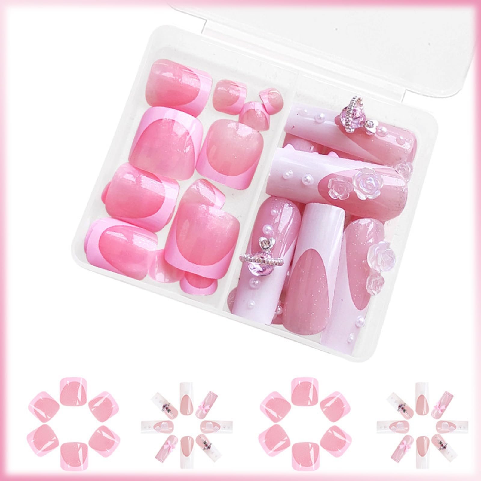 48Pcs French Tip Press on Nails with 3D Flower & Bow Design - Glossy Acrylic Long Coffin Fake Nails with Pearls - Full Cover Stick on Nails for Women & Girls - Perfect for Parties, Weddings, and Special Occasions