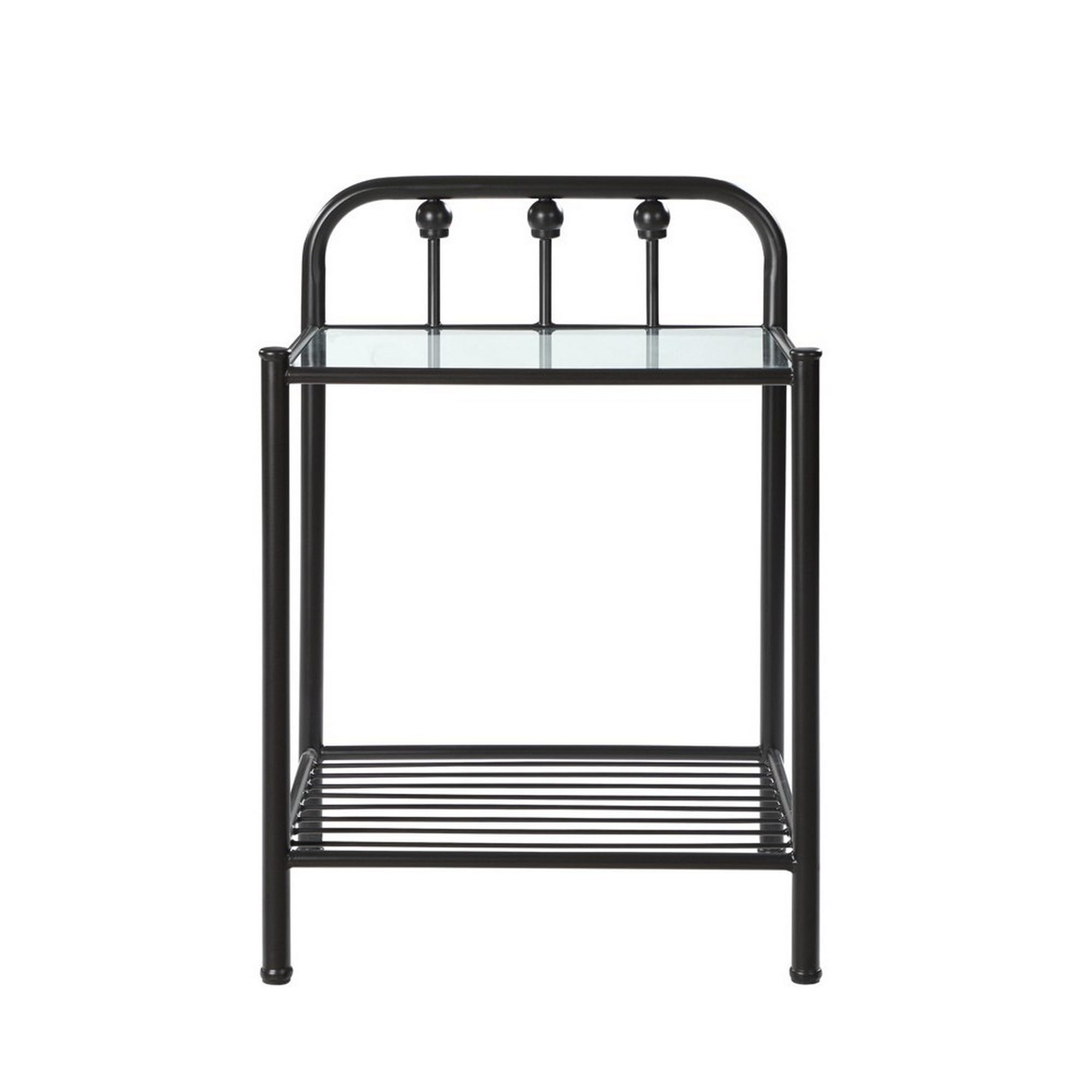 Black Benjara Metal Nightstand with Glass Top & Slatted Open Bottom Shelf - Modern Bedside Table for Bedroom, Living Room, or Office