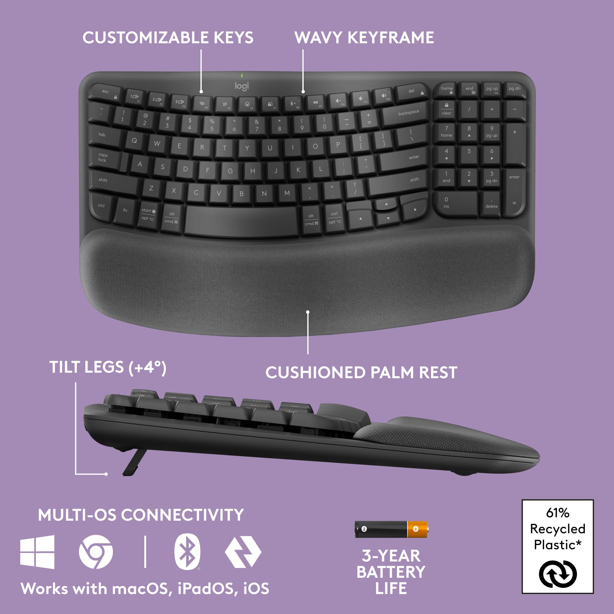 Logitech Wave Keys & Lift Vertical Ergonomic Wireless Keyboard and Mouse Bundle - Comfortable Palm Rest, Easy-Switch Bluetooth for Windows/Mac (Graphite) - Perfect for Office Work, Home Use, and Long Computing Sessions