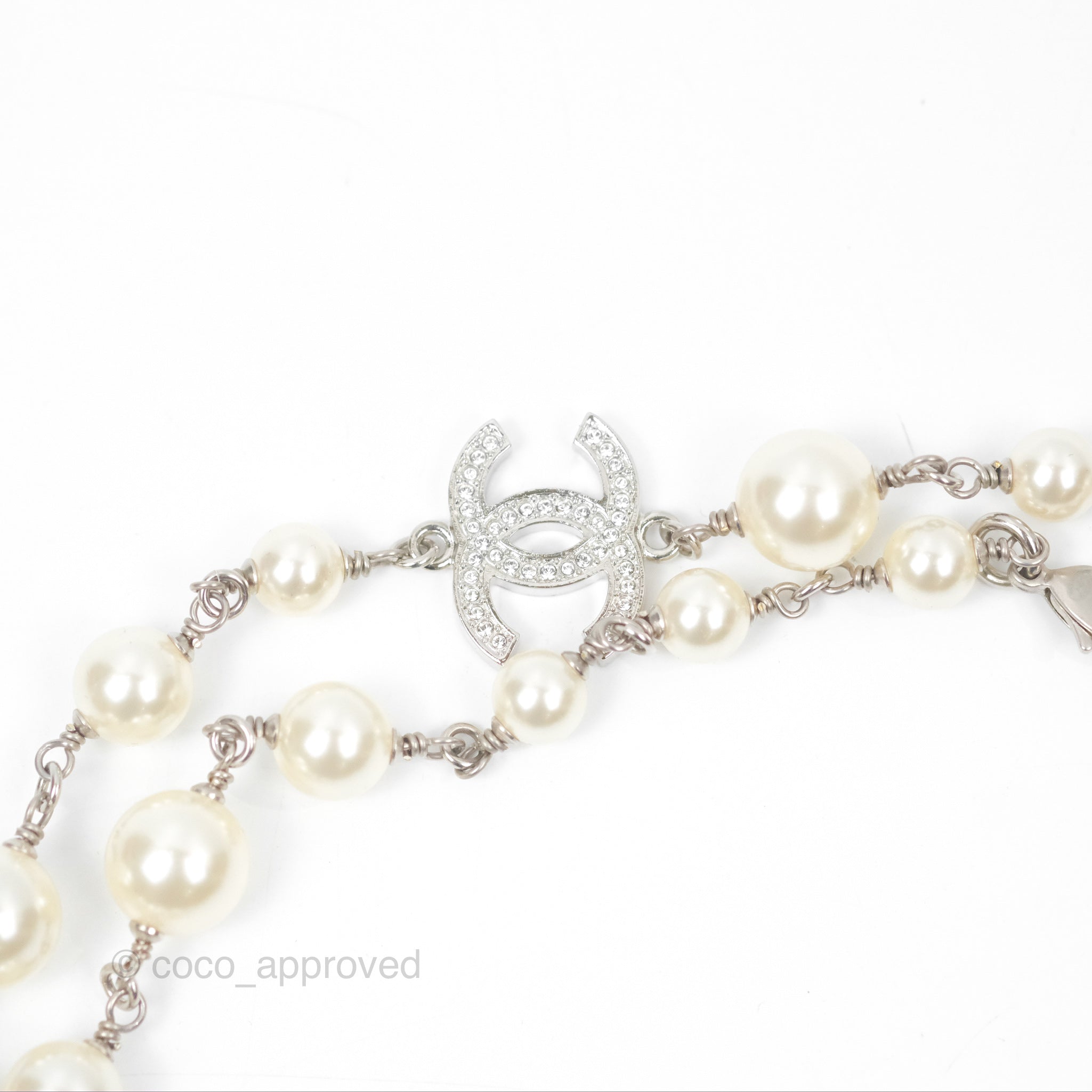 Chanel CC Crystal Pearl Long Necklace Silver Tone 23V - Elegant Statement Jewelry for Women, Perfect for Parties, Weddings & Special Occasions