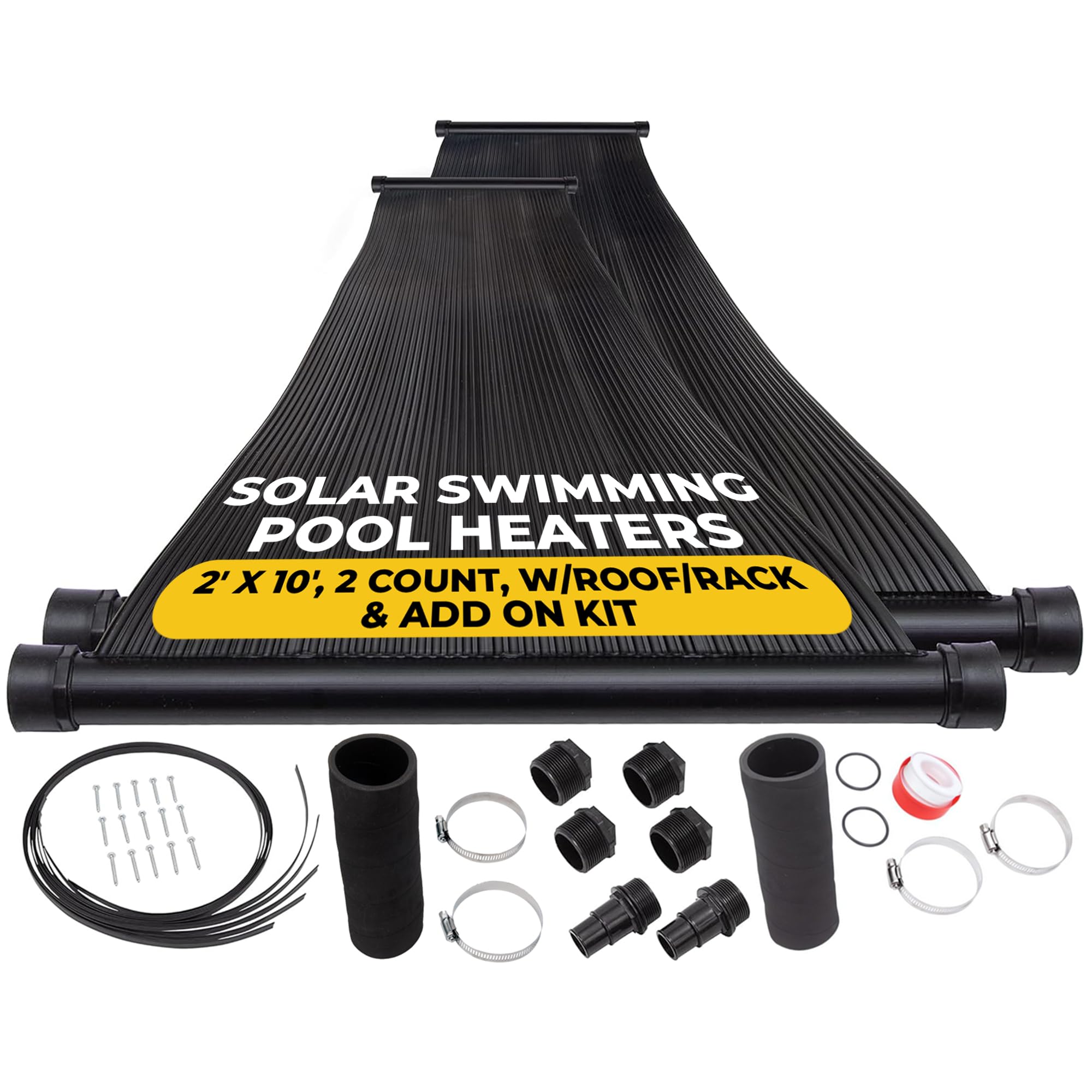 SunQuest Solar Pool Heater Panels - 2 Pack (2ft x 10ft) Solar Water Heating Collectors with Roof/Rack Mounting Kit - for Above Ground & Inground Swimming Pools - DIY Installation - UV Resistant Polypropylene Tube Web Design - Perfect for Extending Pool Season & Energy Savings