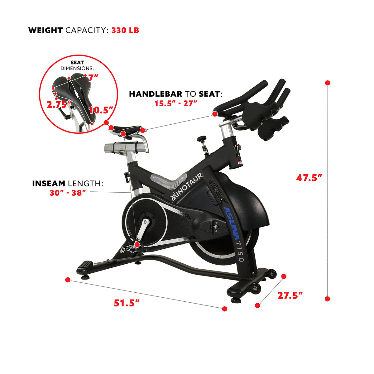 Asuna Minotaur Magnetic Belt Drive Stationary Exercise Bike - 350 lbs Weight Capacity, Quiet & Smooth Workout for Home Gym, Cardio Training, and Indoor Cycling