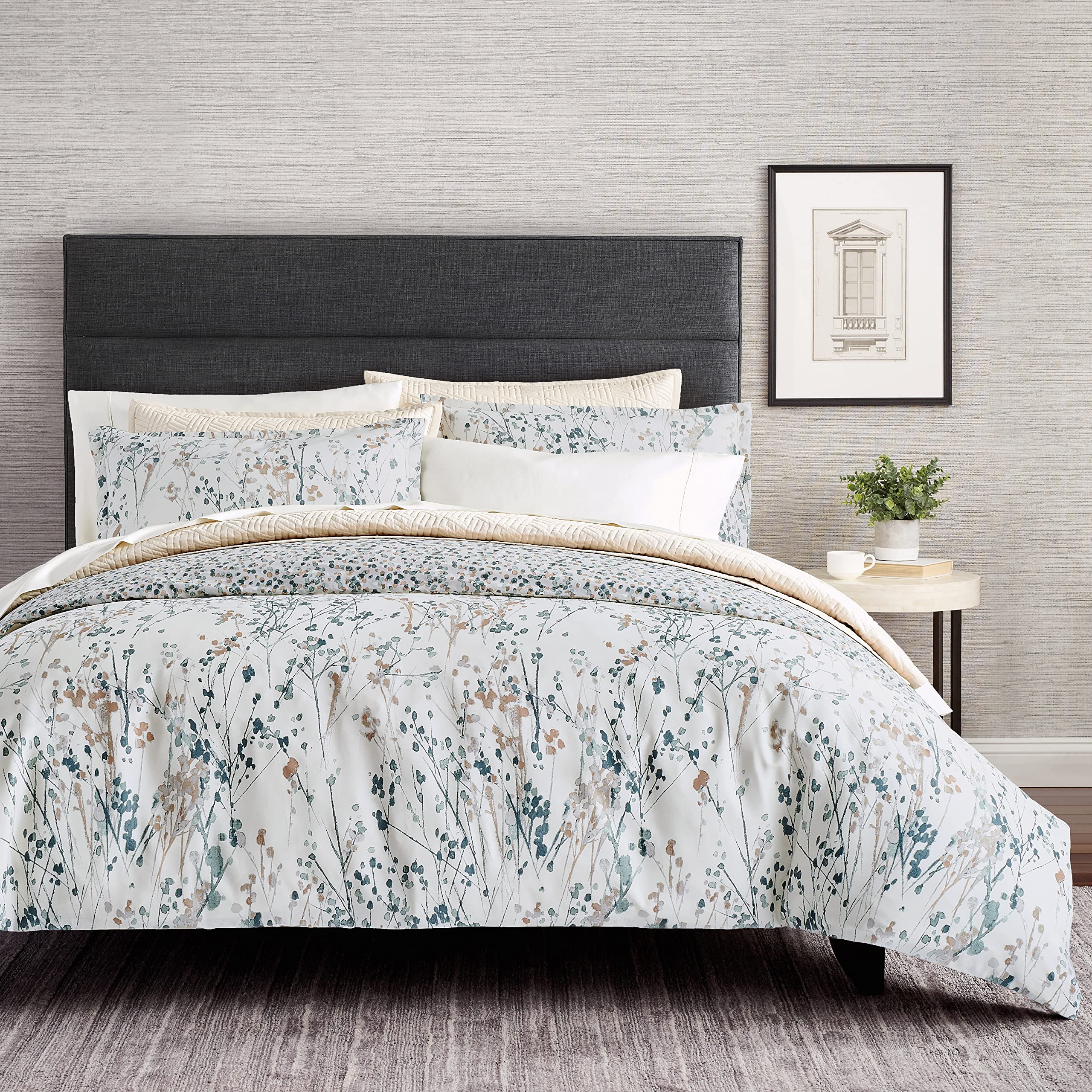Scott Living Willow Cotton Reversible Floral Leaf Queen Comforter Set - 3 Piece (1 Comforter + 2 Shams) | Modern Botanical Design Transitional Bedspread | Luxury Fall Bedding in Harbor Mist Gray | Perfect for Master Bedroom, Guest Room & Cozy Autumn Nights