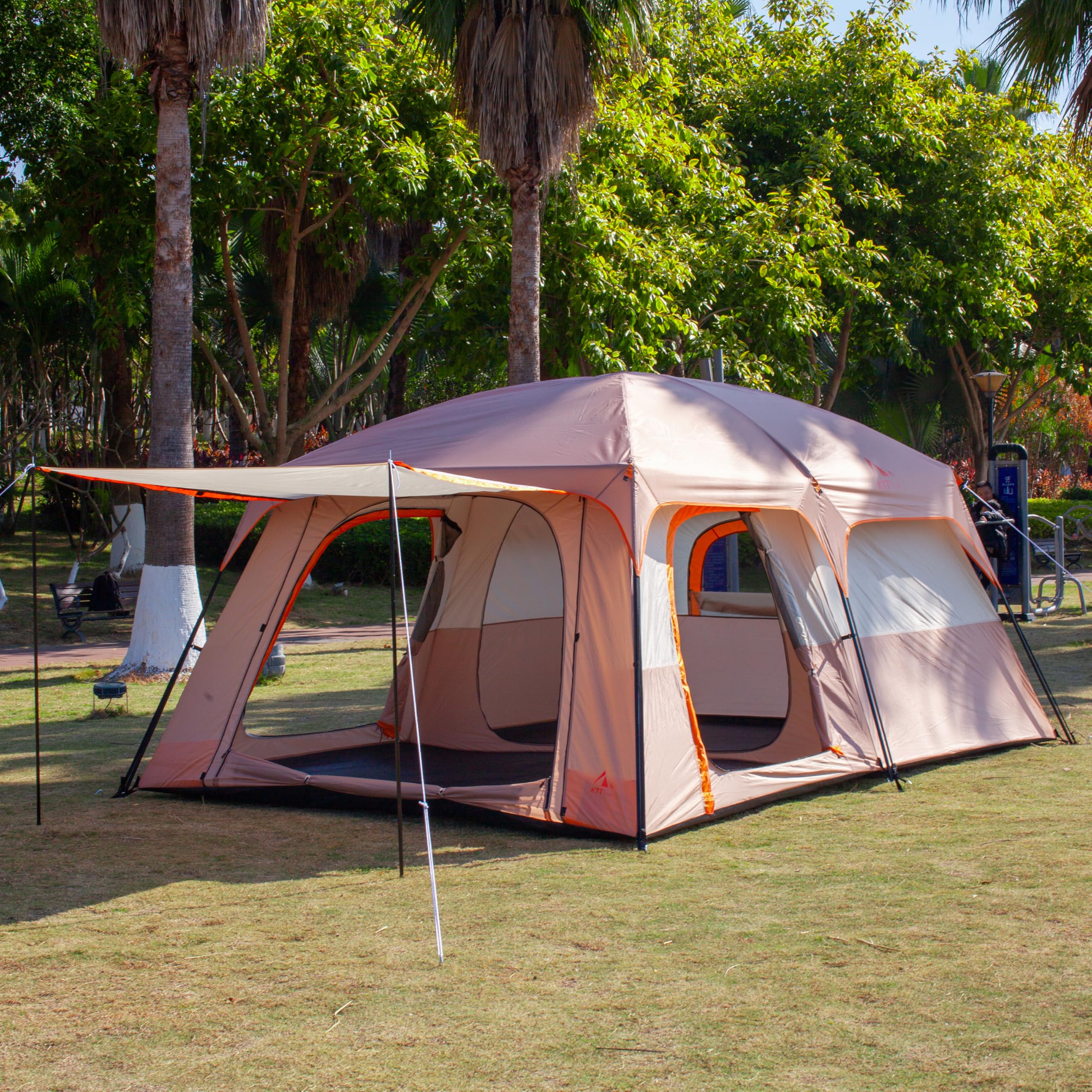 KTT Extra Large Family Cabin Tent for 10-12-14 People (Style-B) - 2 Rooms, 3 Doors & 3 Windows with Mesh, Waterproof Double Layer Straight Wall Design - Perfect for Camping, Picnics, Outdoor Adventures & Family Gatherings