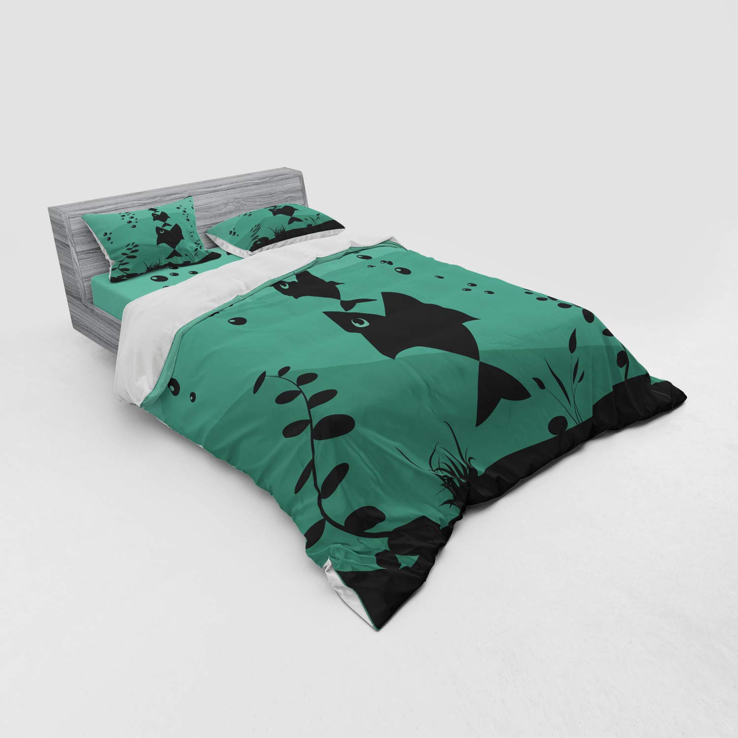 Ambesonne Fishing Duvet Cover Set - Underwater Ocean Theme with Big Fish Design, 4-Piece Queen Size Bedding Set with Shams & Fitted Sheet in Teal Grey | Perfect for Beach House Decor, Nautical Bedroom, and Marine Life Enthusiasts