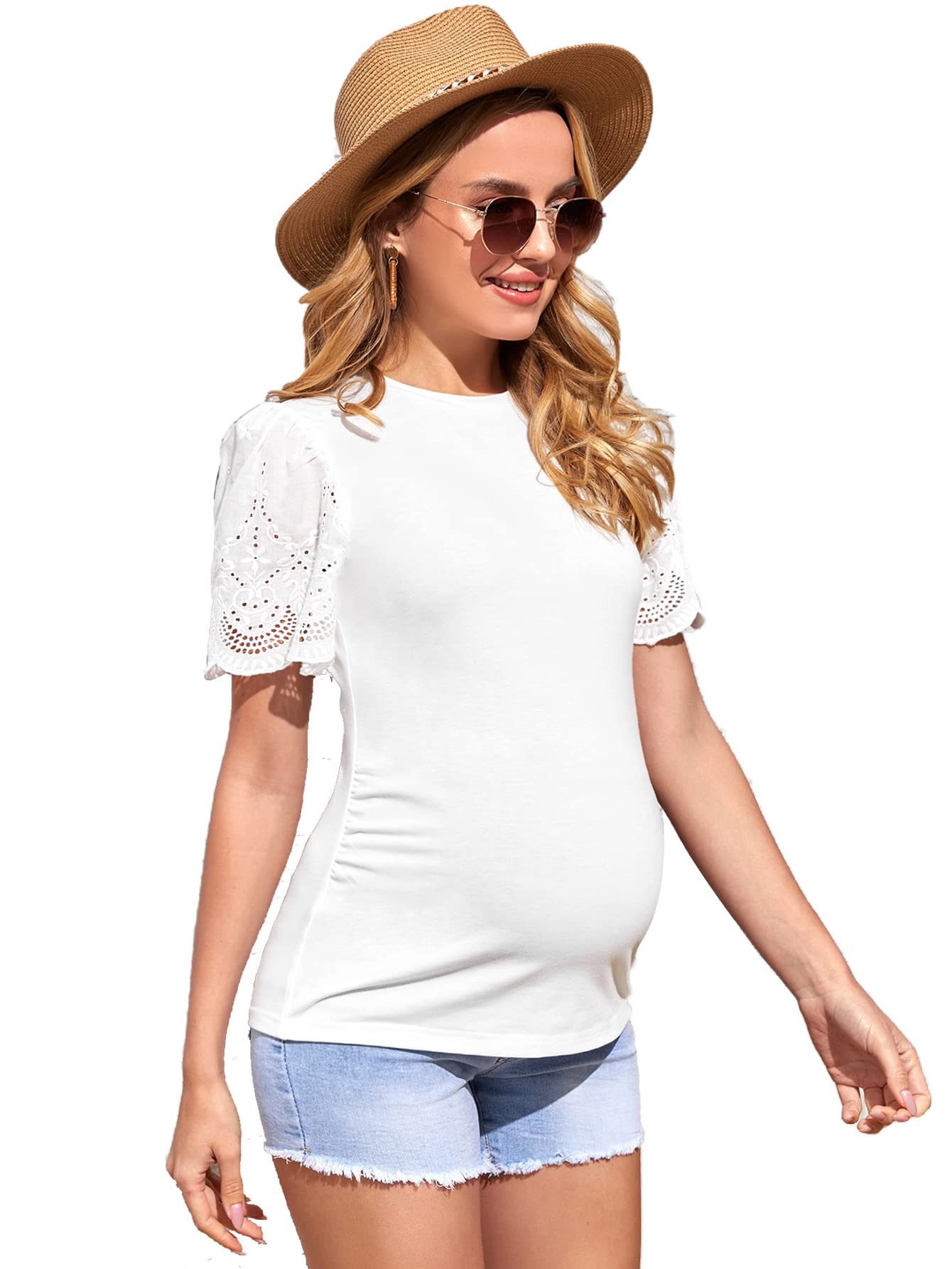 Verdusa Women's Maternity T-Shirt - Soft Cotton Short Sleeve Scalloped Round Neck Pregnancy Top for Expecting Moms | Perfect for Casual Wear, Maternity Photos & Everyday Comfort