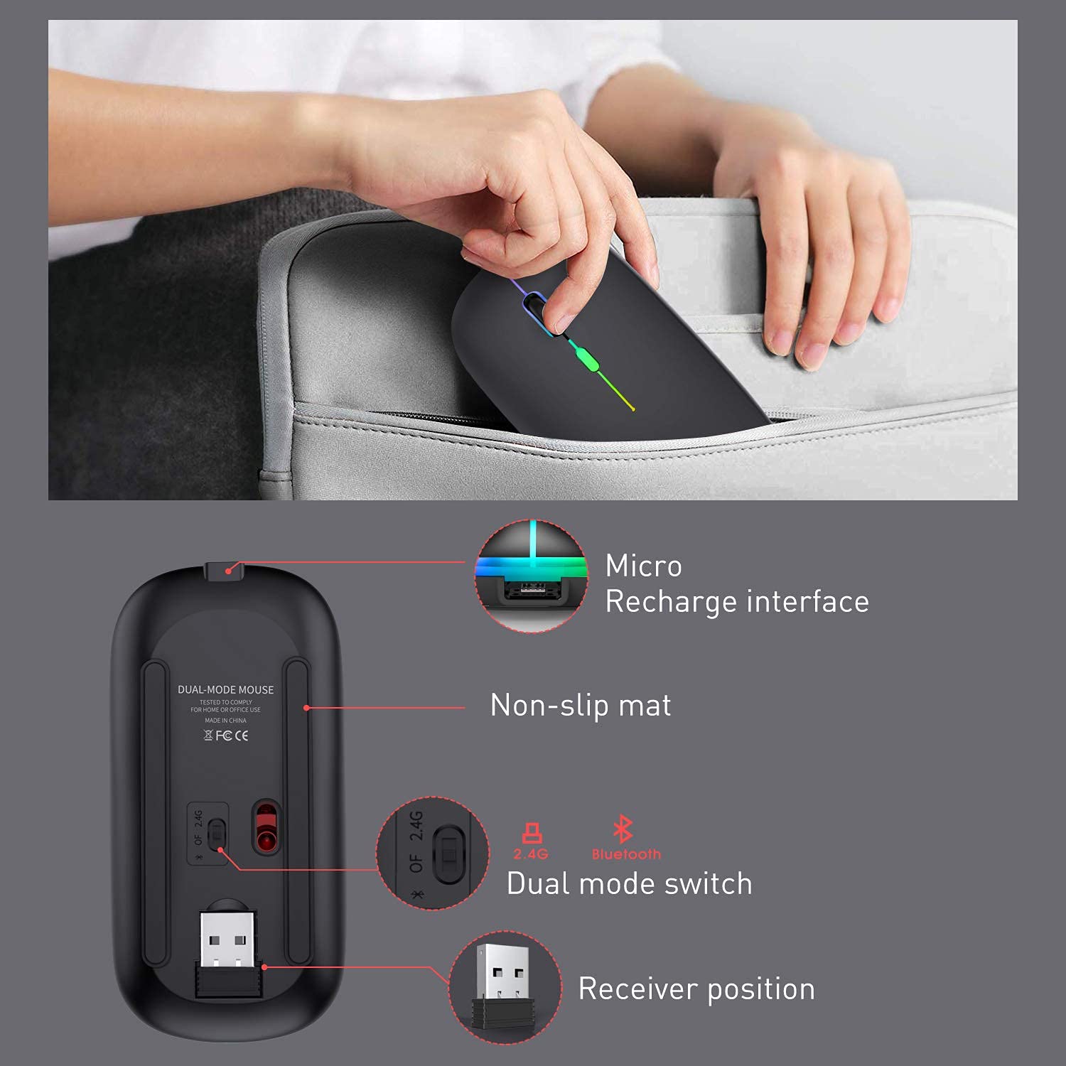Wireless Bluetooth Mouse for Laptop, MacBook, iPad, PC - Compatible with MacBook Air/Pro, Windows, Chromebook & Desktop Computers - Ergonomic Design with LED Light (Black) - Perfect for Office, Home & Travel Use