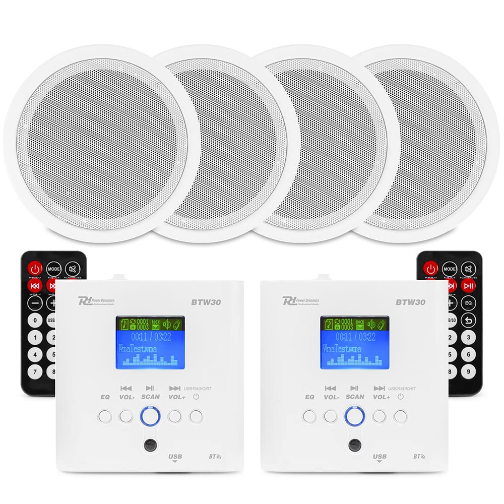 Power Dynamics 2-Zone Bluetooth Ceiling Speaker System - 4x 5-Inch In-Ceiling Speakers & 2x BTW30 Wall Amplifiers with FM Radio & USB Playback - Perfect for Whole Home Audio, Background Music & Multi-Room Entertainment