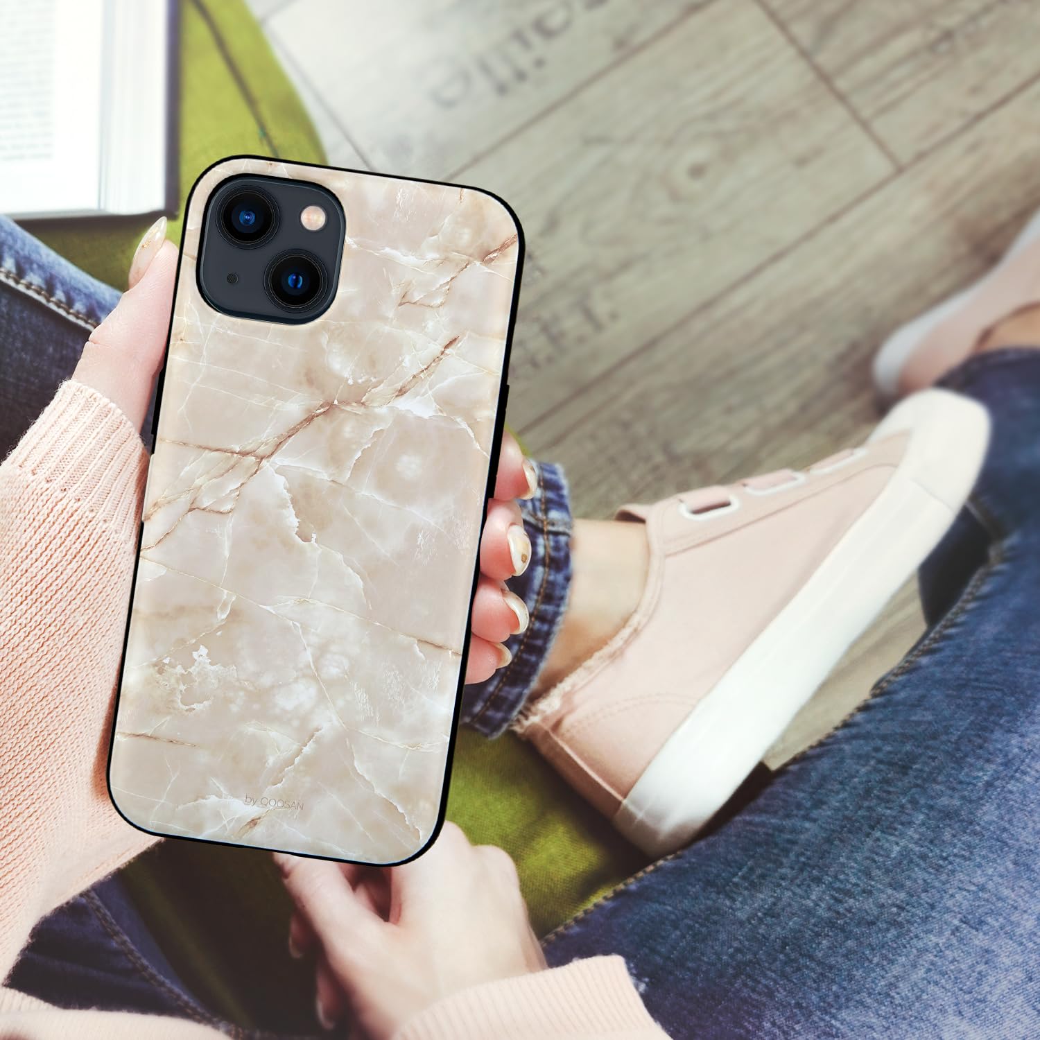 Qoosan Slim Protective iPhone 15 Case (6.1 inch) with Built-in Card Holder, Wallet & Kickstand - Marble Beige | Mirror Feature for Convenient Makeup Touch-ups | Perfect for Work, Travel & Everyday Use