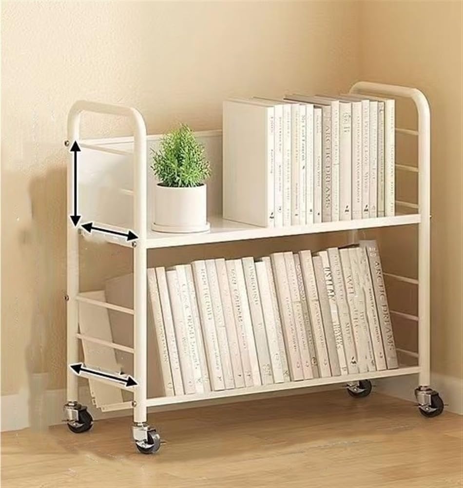 Versatile Rolling Book Cart with Wheels - 2-Tier Removable Iron Art Display Shelf for Books & Home Decor | Portable Mobile Bookshelf for Living Room, Office, Classroom & Library Organization (Beige)