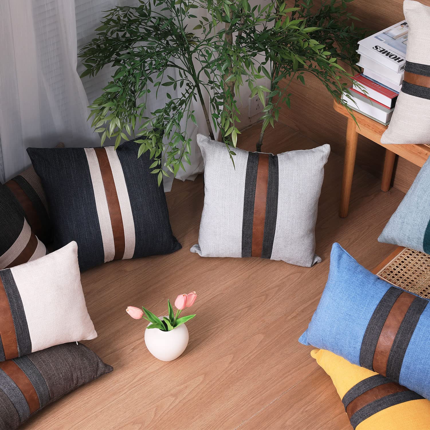 BOYSUM 20x20 Inch Faux Leather Farmhouse Decorative Throw Pillow Covers - Brown & Grey Modern Accent Pillows for Outdoor, Couch, Sofa & Bed - Waterproof & Durable Home Decor for Patio, Living Room & Bedroom