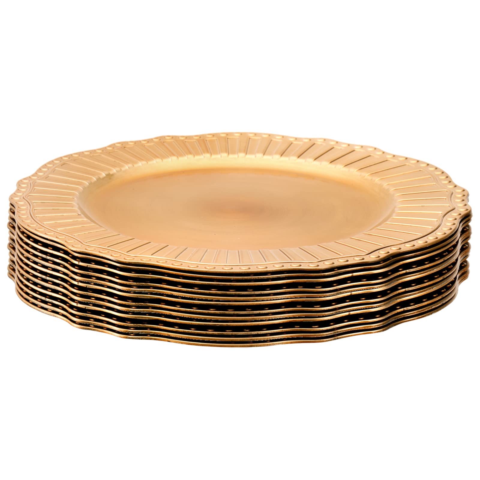 12 Pack Gold Charger Plates - 13 Inch Plastic Round Dinner Under Plates, Reusable Beaded Service Base Trays for Wedding, Christmas & Holiday Table Decor - Elegant Serving Ware for Formal Dining, Buffets & Special Occasions