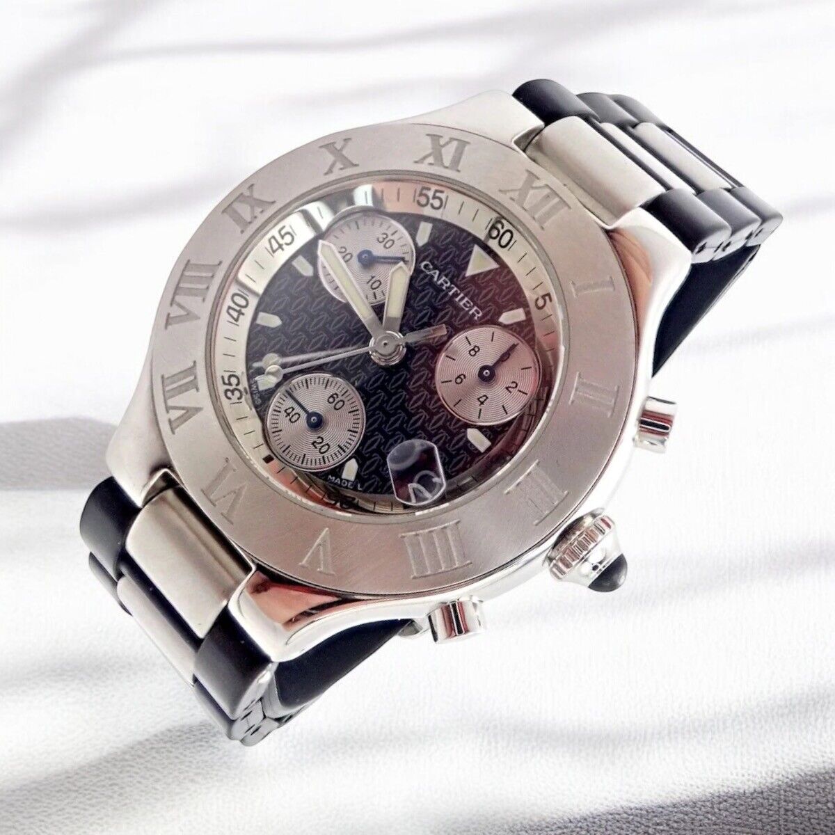 Authentic Cartier Stainless Steel Chronograph 21 Quartz Rubber Band Watch for Men - Luxury Sports Chronograph Wristwatch for Diving, Swimming & Outdoor Activities