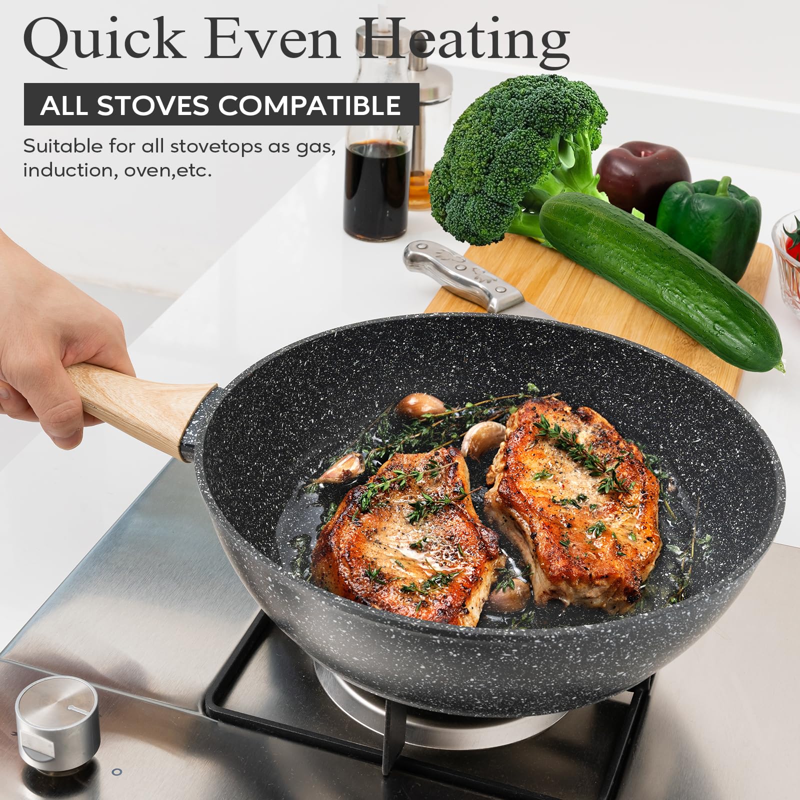 12-Piece Nonstick Cookware Set - Black Granite Induction Pots and Pans Set | PFAS, PFOA, PFOS Free | Healthy Kitchen Cooking Set with Frying Pans, Saucepans & Steamer | Perfect for Home Chefs, Daily Cooking & Family Meals