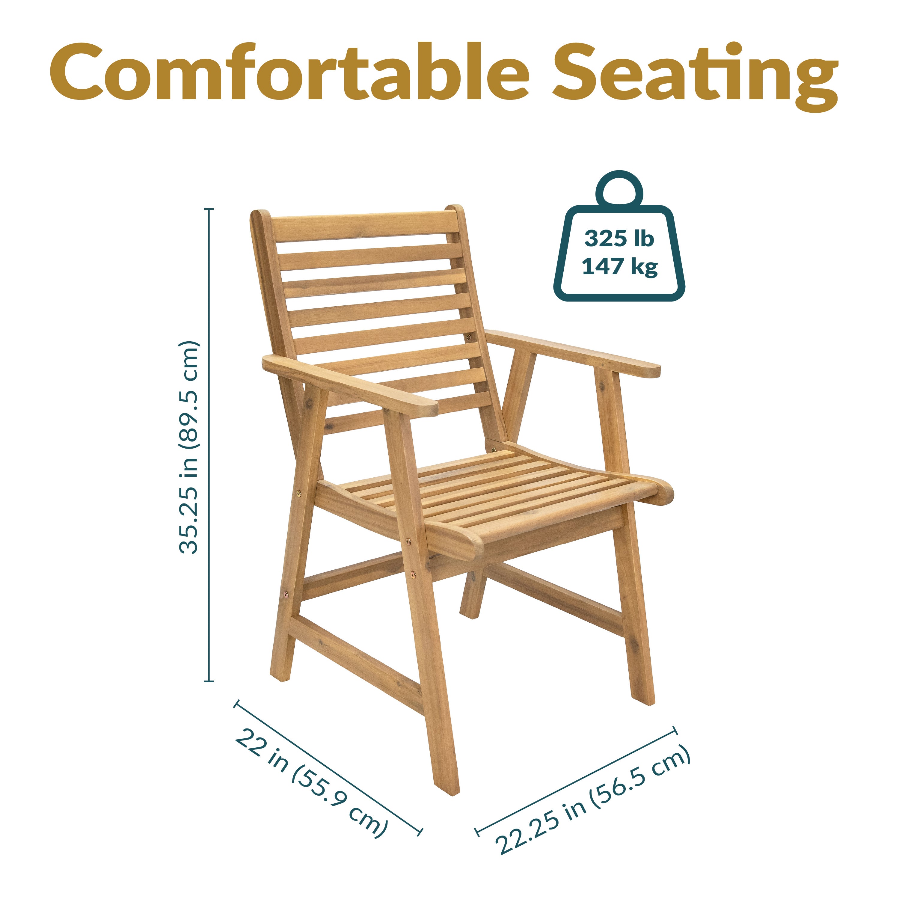 Premium Acacia Wood Outdoor Dining Chairs with Arms - Set of 2, Weather-Resistant Patio Furniture for Backyard, Deck, Garden & Poolside Dining