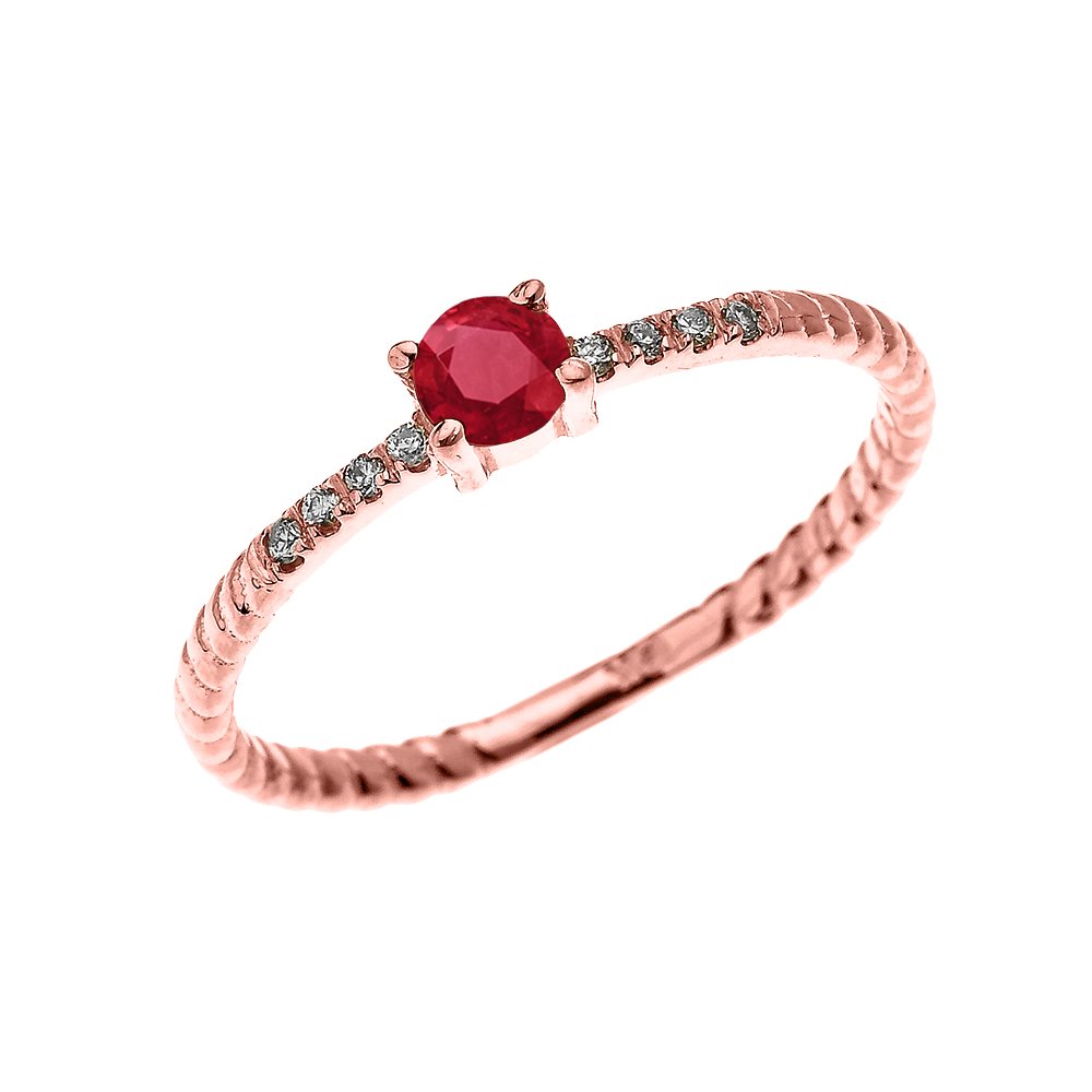 10K Rose Gold Solitaire Ruby and Diamond Rope Design Ring for Women - Elegant Engagement, Proposal, or Stackable Wedding Band - Perfect for Anniversaries, Valentine's Day & Special Occasions