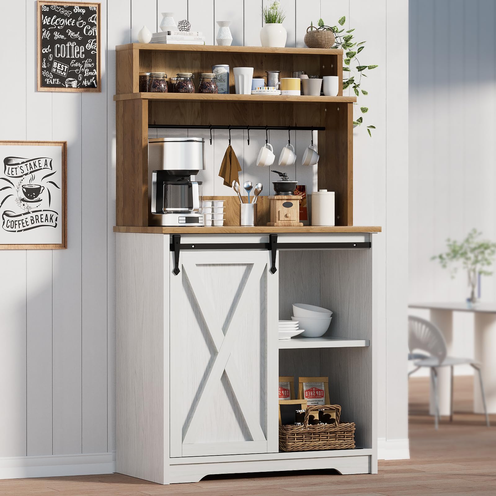 Farmhouse Coffee Station with 3-Tier Storage Hutch & 6 Hooks - 56 Inch Rustic Coffee Bar Table with Adjustable Shelves for Kitchen, Living Room or Dining Room - Perfect for Organizing Mugs, Coffee Supplies & Decor