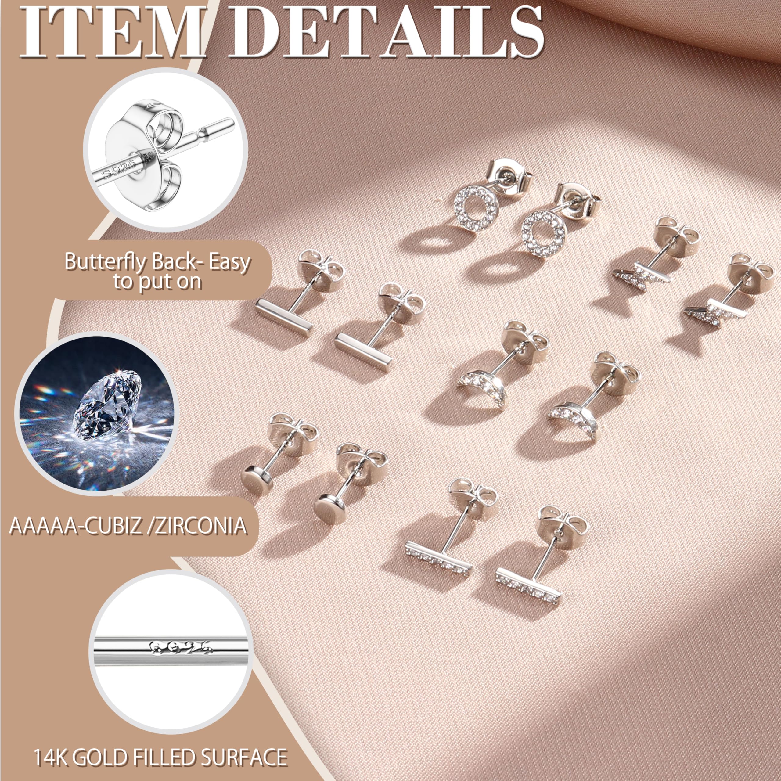 Hayoso 6 Pairs Sterling Silver Stud Earrings Set - Hypoallergenic CZ Circle, Bar & Lightning Bolt Earrings for Women (White Gold Plated, Cartilage & Tiny Studs) | Perfect for Everyday Wear, Gifts & Special Occasions