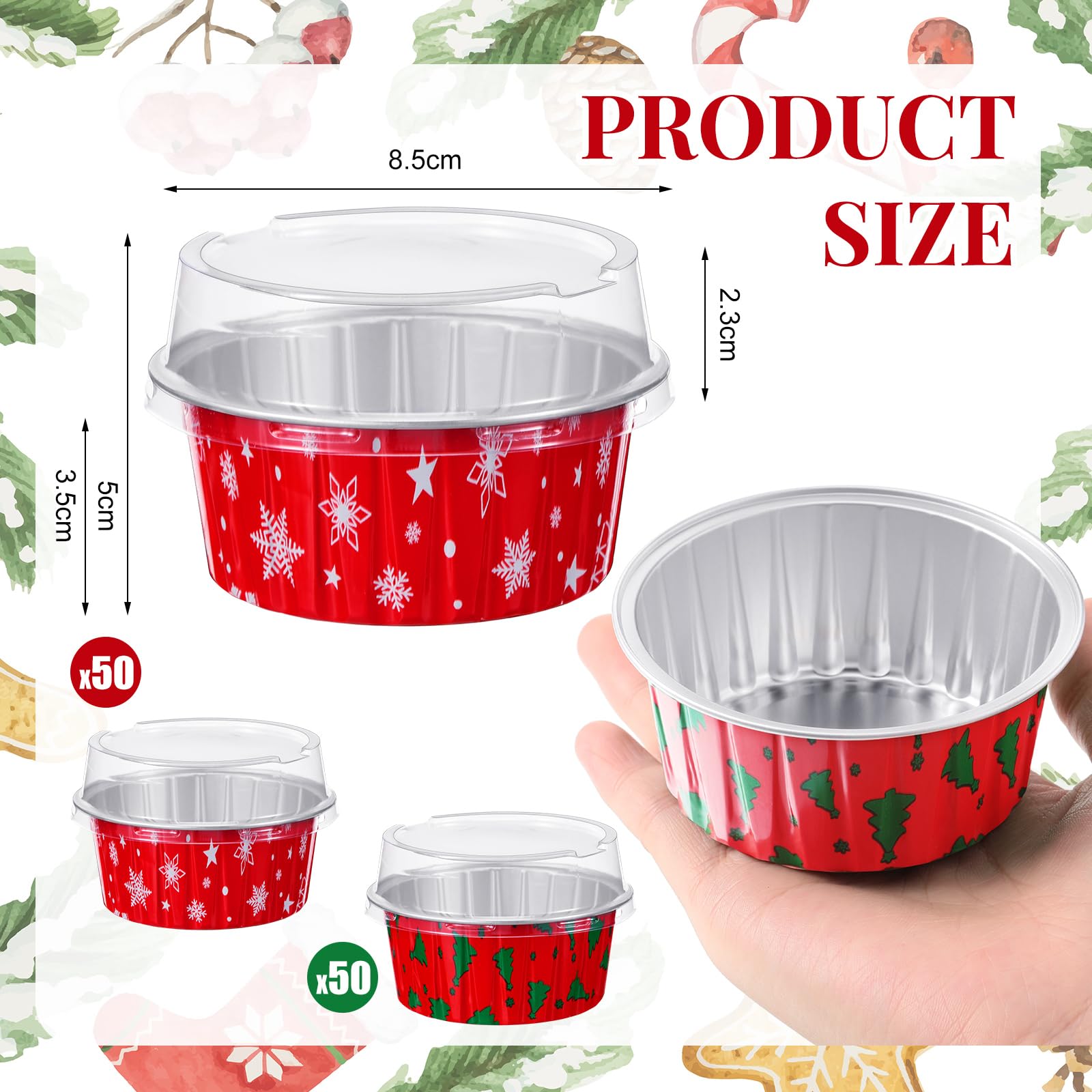 100 Pcs Christmas Aluminum Foil Baking Cups with Lids - 4.3oz Disposable Ramekins, Muffin & Cupcake Liners for Holiday Baking - Snowflake & Christmas Tree Design - Perfect for Christmas Parties, Cookie Exchanges & Festive Dessert Displays