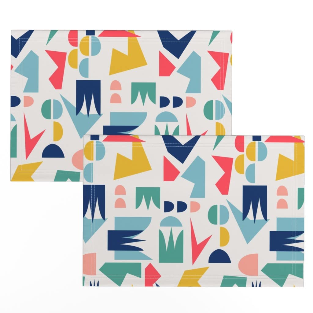 Abstract Geometric Printed Linen Cotton Canvas Placemats Set of 2 - Colorful Retro Modern Table Mats for Dining, Kitchen Decor & Party Table Setting