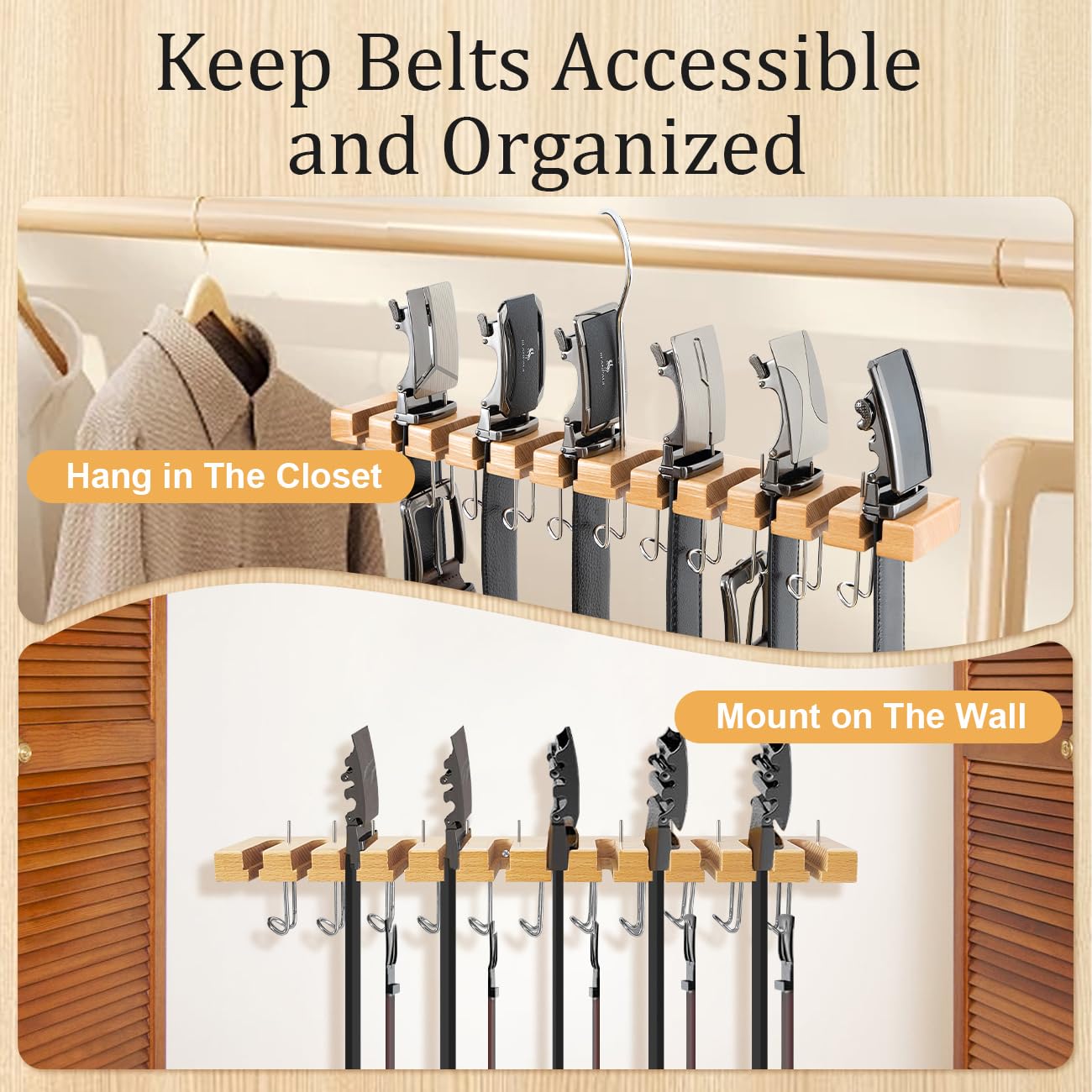 2-in-1 Wooden Belt Hanger & Wall Mount Organizer - 12 Slots & 11 Hooks for Ratchet Belts - Space Saving Closet Storage Solution for Men's Accessories - Perfect for Bedroom, Walk-in Closet and Dorm Organization