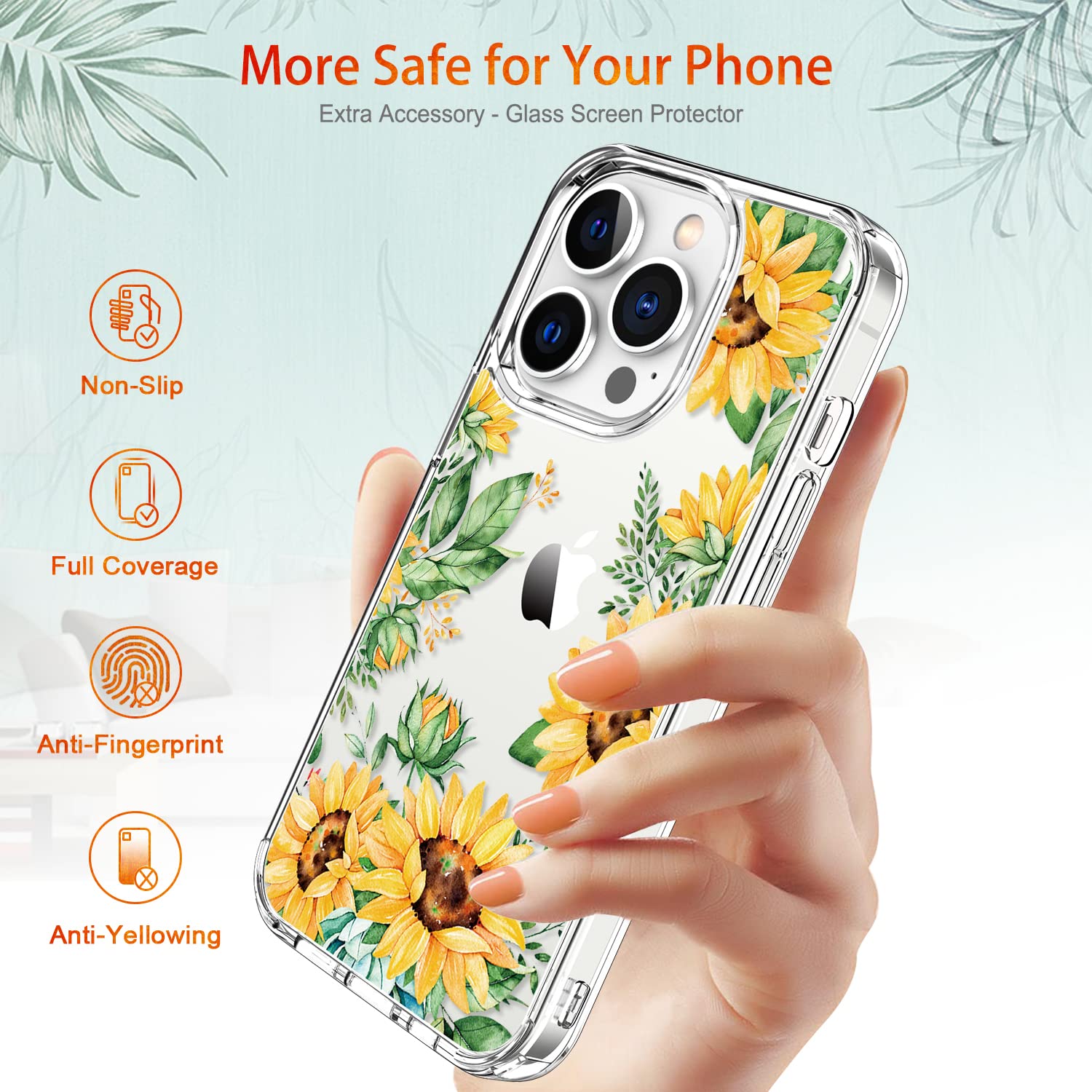 GiiKa iPhone 13 Pro Case with Screen Protector - 6.1 Inch Clear Shockproof Protective Case with Floral Design & TPU Bumper Cover for Women (Yellow Sunflowers) - Perfect for Everyday Use, Work & Travel Protection