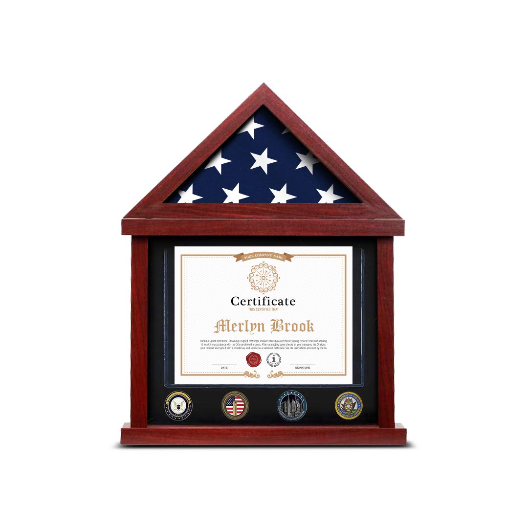 FlyBold Military Shadow Box Display Case - 3x5 ft American Flag with Certificate, 95% Flag Coverage, Mahogany Frame & Whiskey Decanter Set (28oz Globe with 2 Glasses & Funnel) - Perfect for Home Decor, Man Cave, Military Memorabilia Display & Whiskey Lover Gifts
