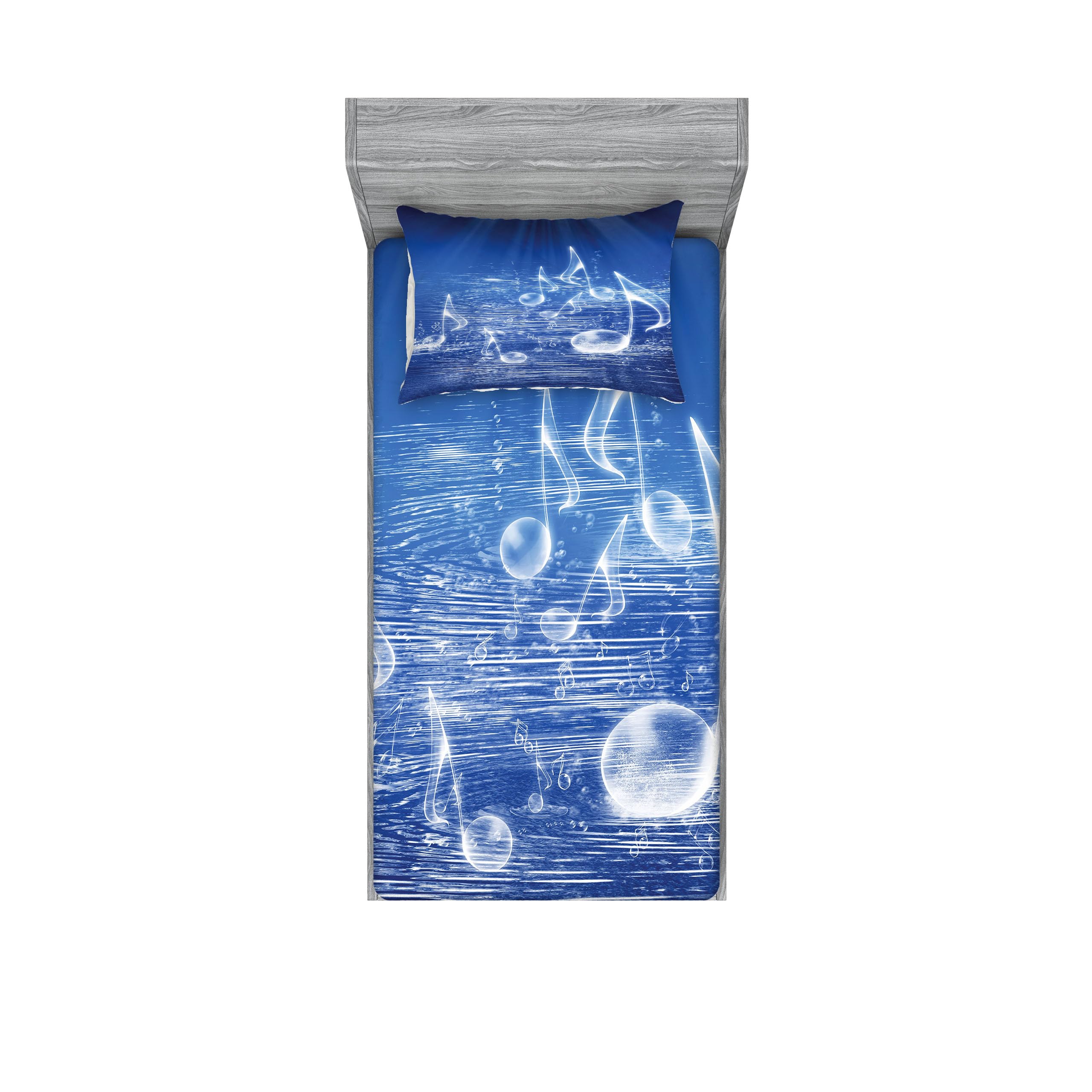 Ambesonne Music Themed Fitted Sheet & Pillow Sham Set - Water Musical Notes, Dancing Waves Fantasy Design - 2-Piece Twin Size Navy Blue Bedding Set for Teens & Adults - Perfect for Music Lovers' Bedrooms, Dorm Rooms & Themed Decor