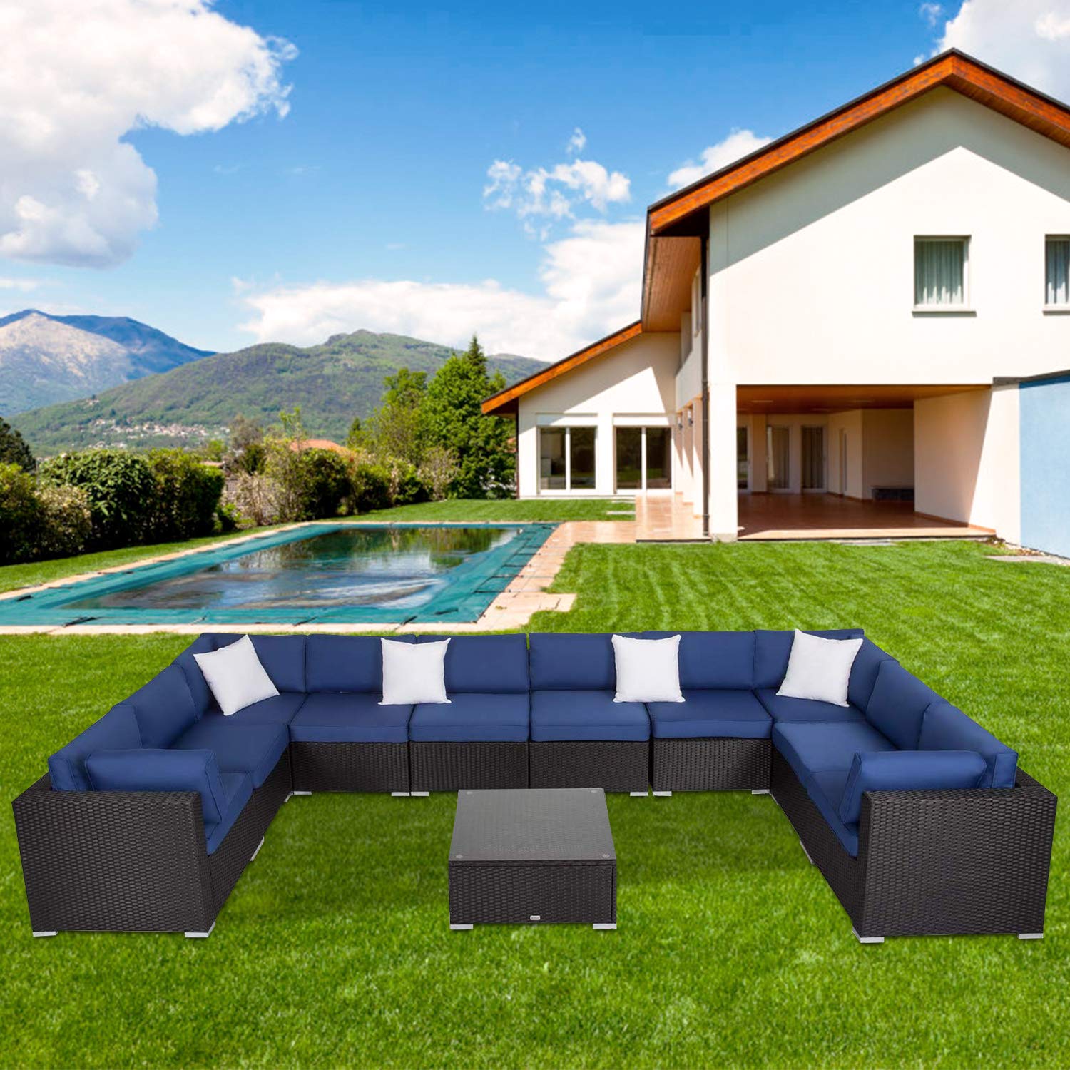 11-Piece Black Wicker Outdoor Furniture Set - Garden Patio Sectional Sofa with Cushions & Coffee Table - Perfect for Backyard, Poolside & Terrace Relaxation