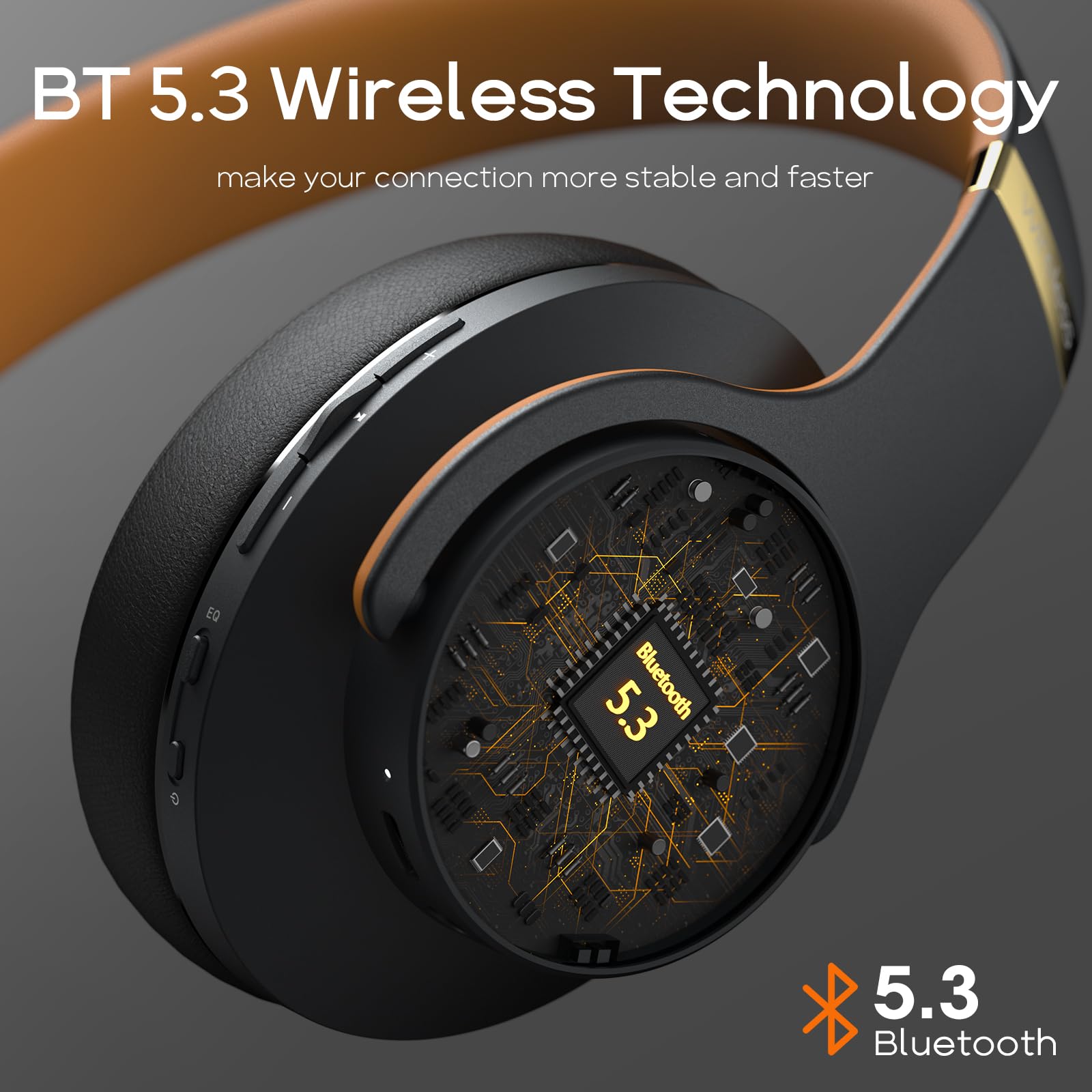DOQAUS Wireless Over-Ear Bluetooth Headphones - 90H Playtime, HiFi Stereo, 3 EQ Modes, Foldable Design with Built-in Mic for PC, Phone & Tablet (Black Brown) - Perfect for Work, Travel & Gaming